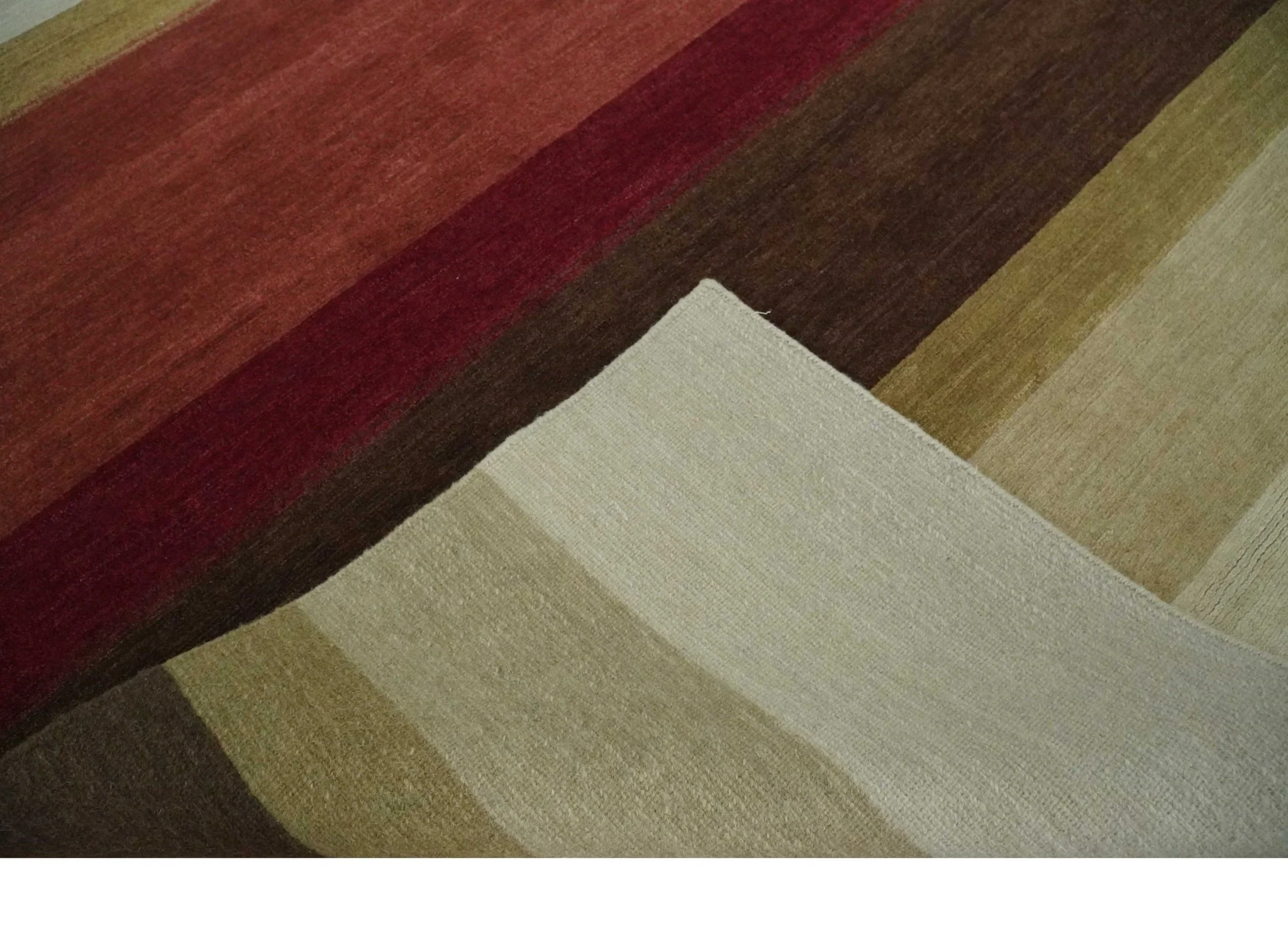 Modern Stripes Ivory, Rust, Maroon and Brown Hand loom 5.6x6.6 Wool Area Rug - Image 8