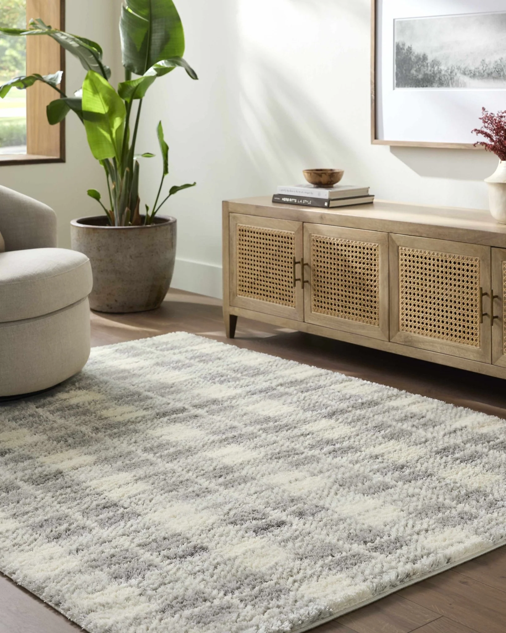 Modern Style Gray And Cream Machine Woven Area Rug - Image 2