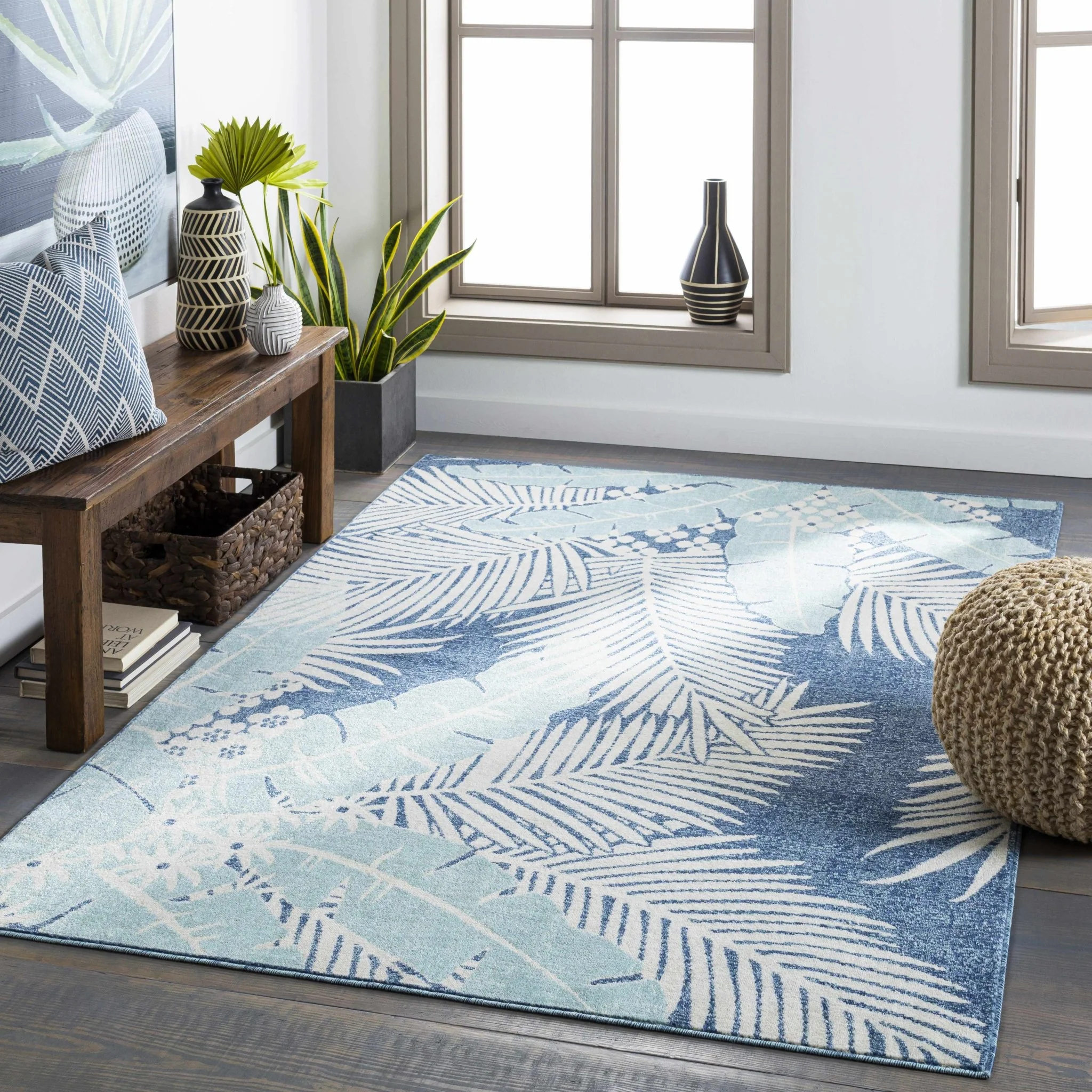 Modern Design Teal, Blue and Ivory Leaf Pattern Low pile Area Rug - Image 3