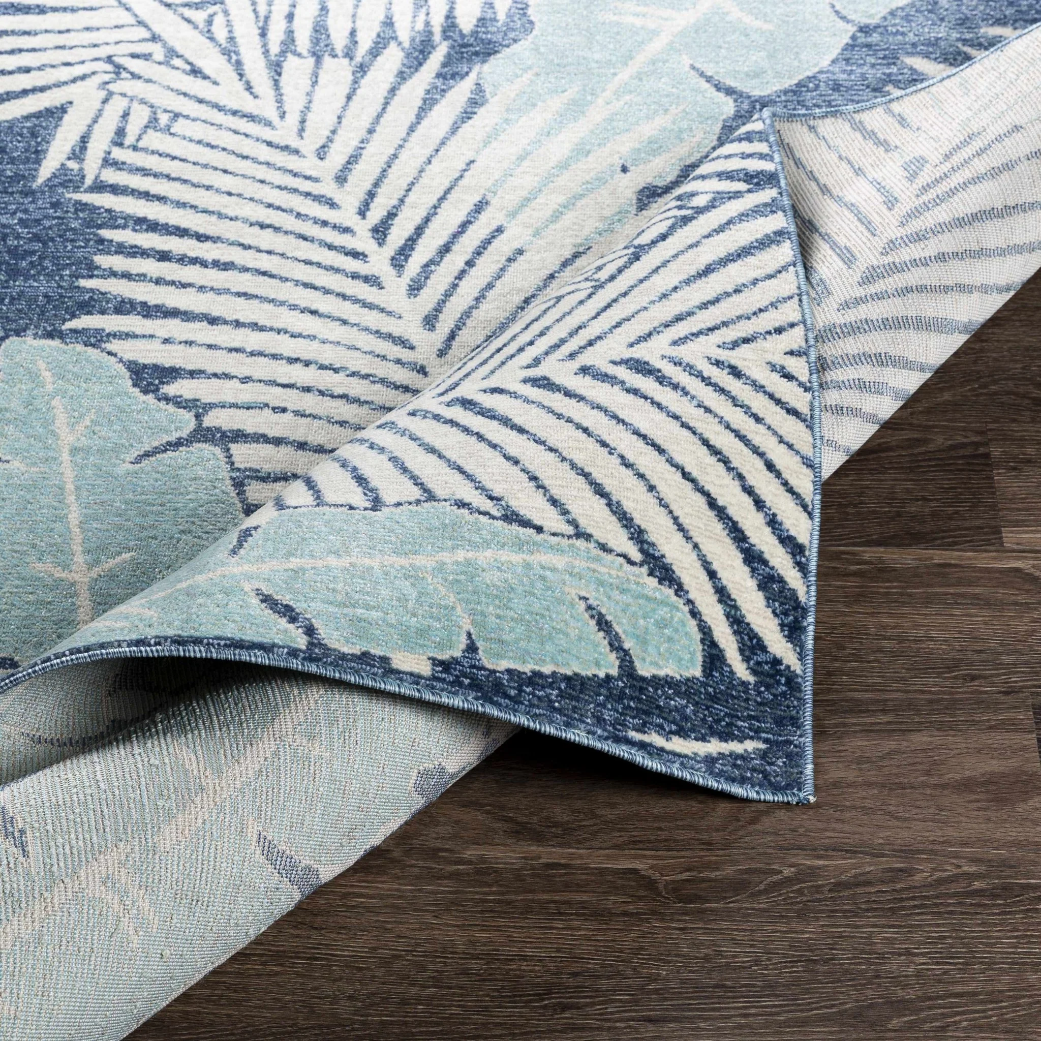 Modern Design Teal, Blue and Ivory Leaf Pattern Low pile Area Rug - Image 5