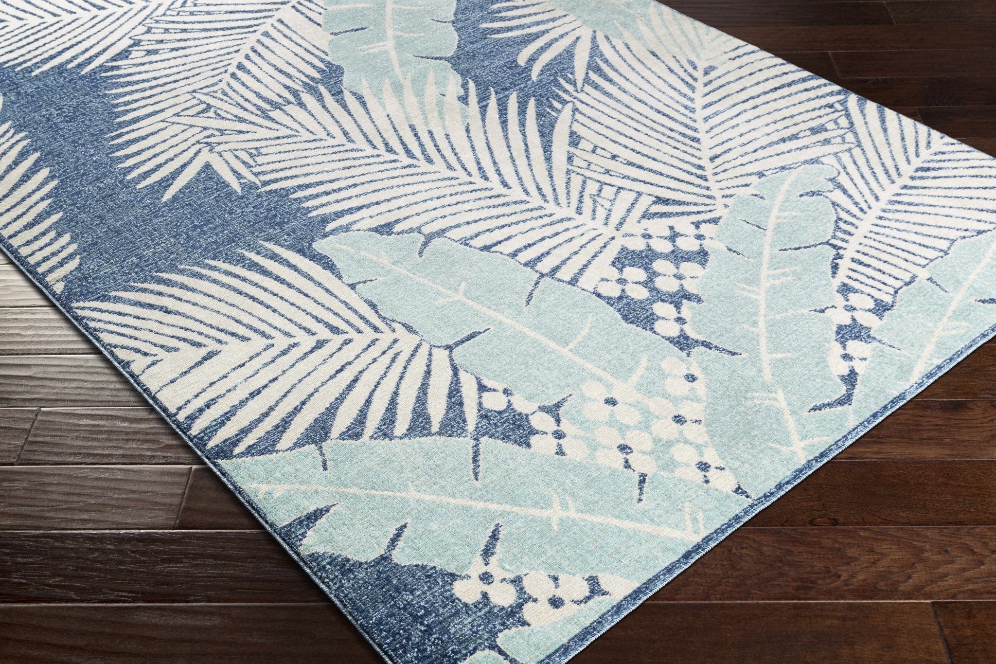 Modern Design Teal, Blue and Ivory Leaf Pattern Low pile Area Rug - Image 6