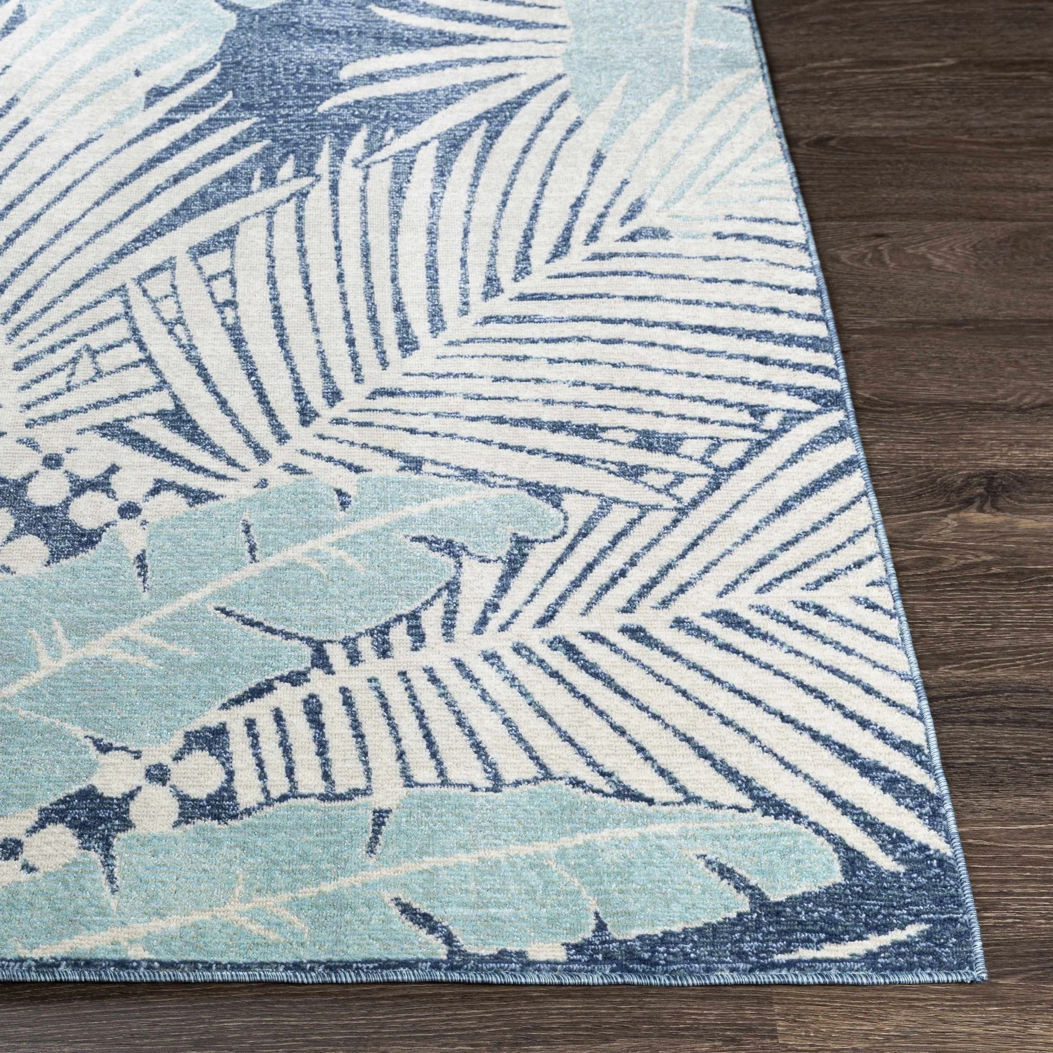 Modern Design Teal, Blue and Ivory Leaf Pattern Low pile Area Rug - Image 7