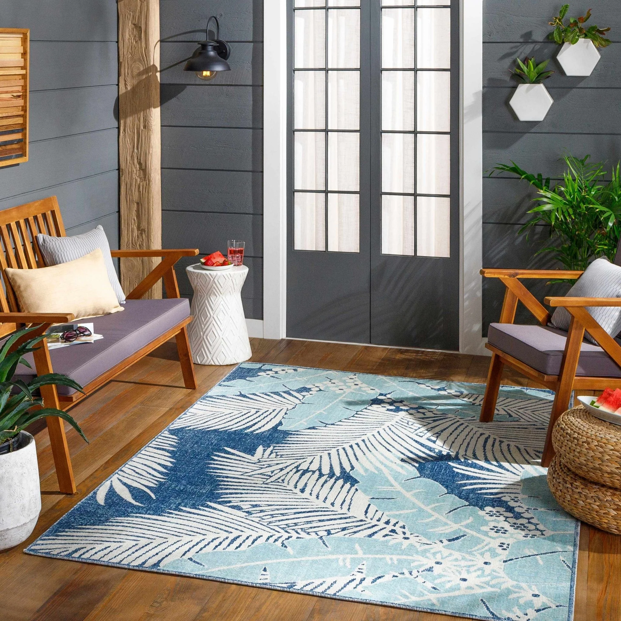 Modern Design Teal, Blue and Ivory Leaf Pattern Low pile Area Rug - Image 8