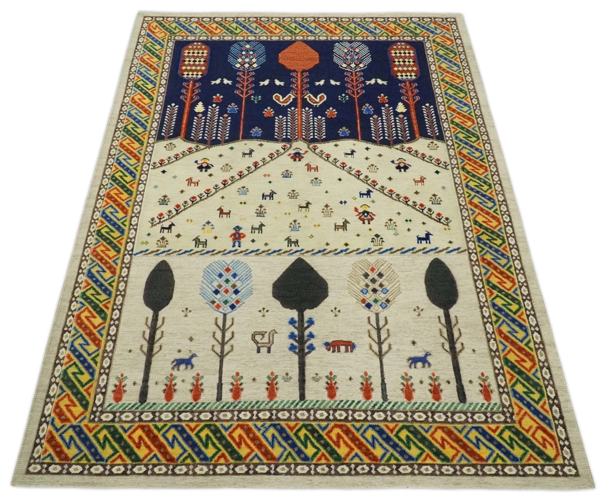 Flatwoven Soumak Weave 5x7 Beige and Blue Tribal Hand Spun Wool Hand Woven Southwestern Gabbeh Rug | KNT44 - Image 10