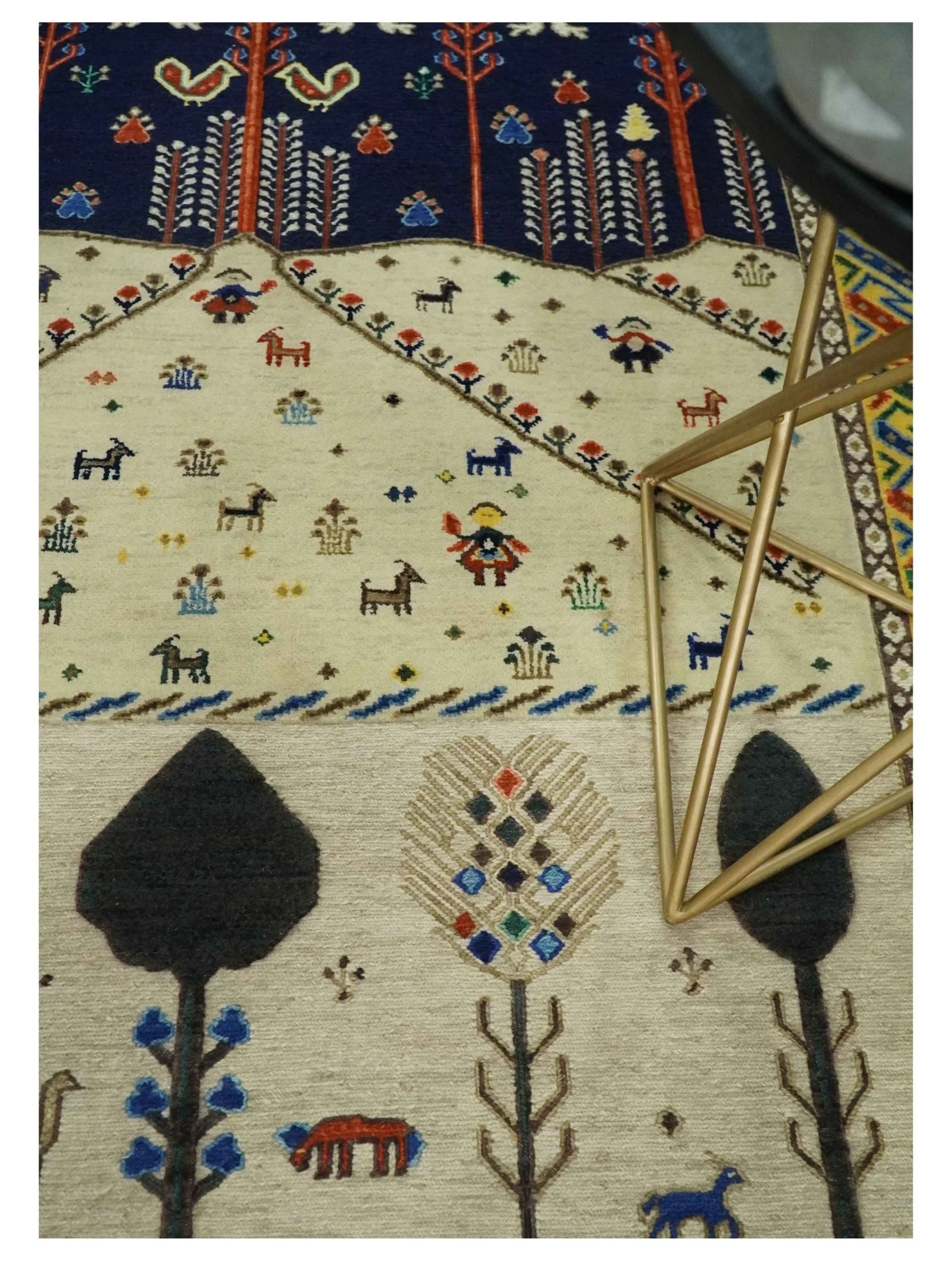 Flatwoven Soumak Weave 5x7 Beige and Blue Tribal Hand Spun Wool Hand Woven Southwestern Gabbeh Rug | KNT44 - Image 3