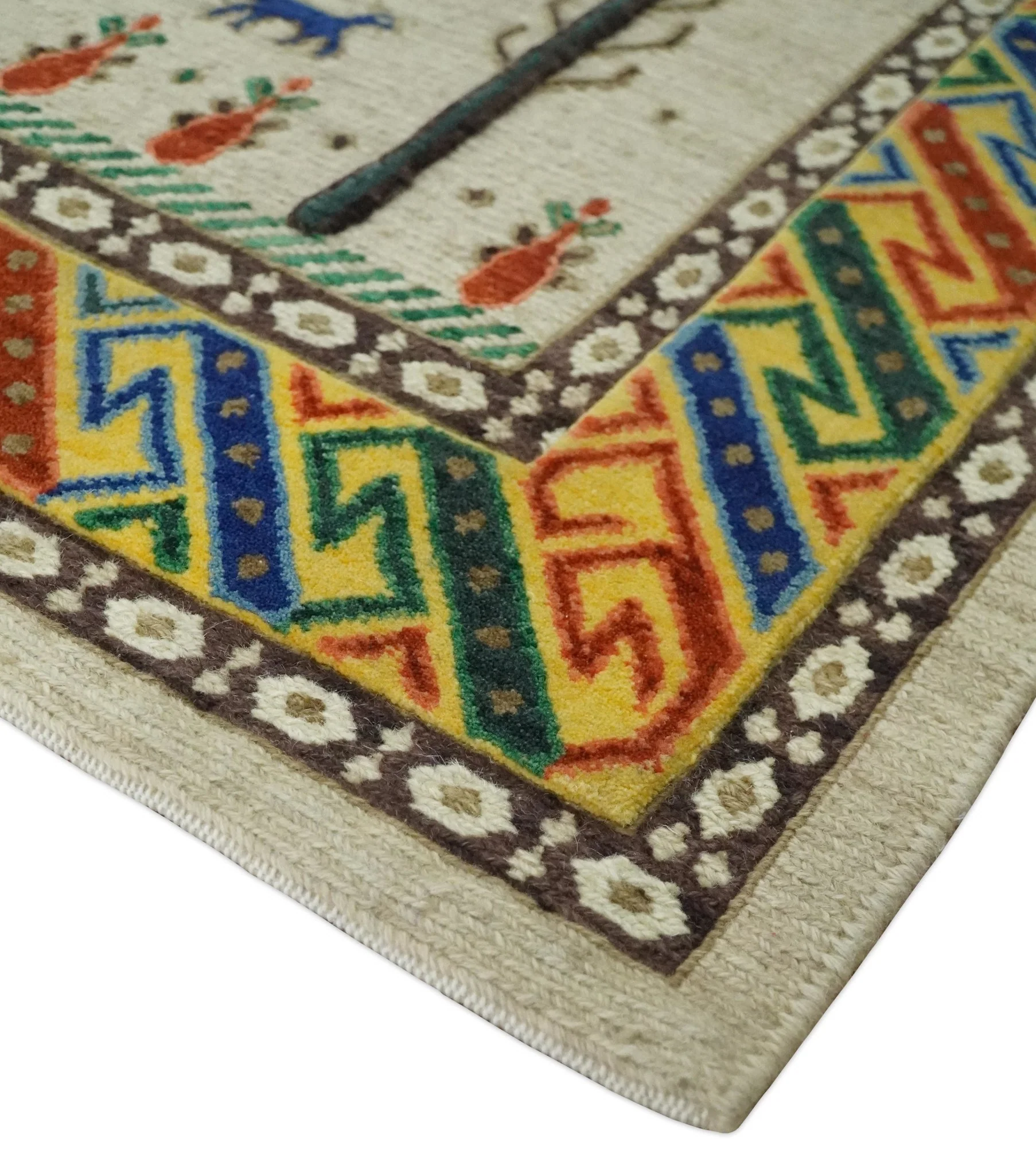 Flatwoven Soumak Weave 5x7 Beige and Blue Tribal Hand Spun Wool Hand Woven Southwestern Gabbeh Rug | KNT44 - Image 5