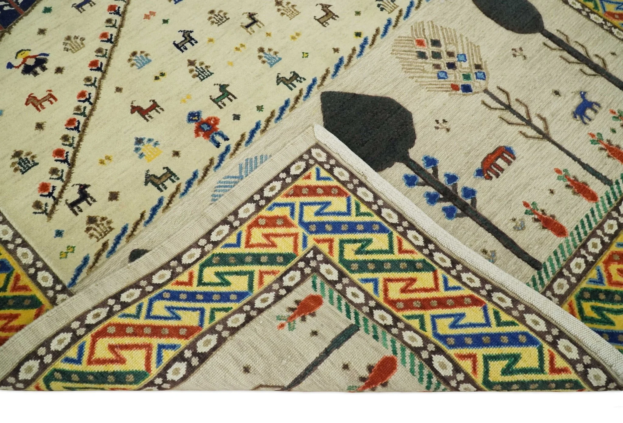 Flatwoven Soumak Weave 5x7 Beige and Blue Tribal Hand Spun Wool Hand Woven Southwestern Gabbeh Rug | KNT44 - Image 8