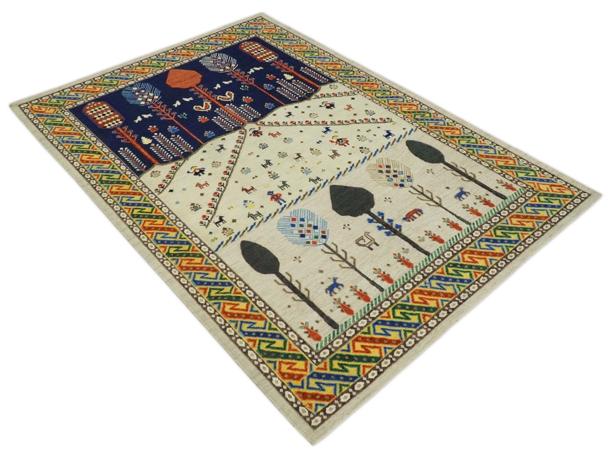Flatwoven Soumak Weave 5x7 Beige and Blue Tribal Hand Spun Wool Hand Woven Southwestern Gabbeh Rug | KNT44 - Image 9