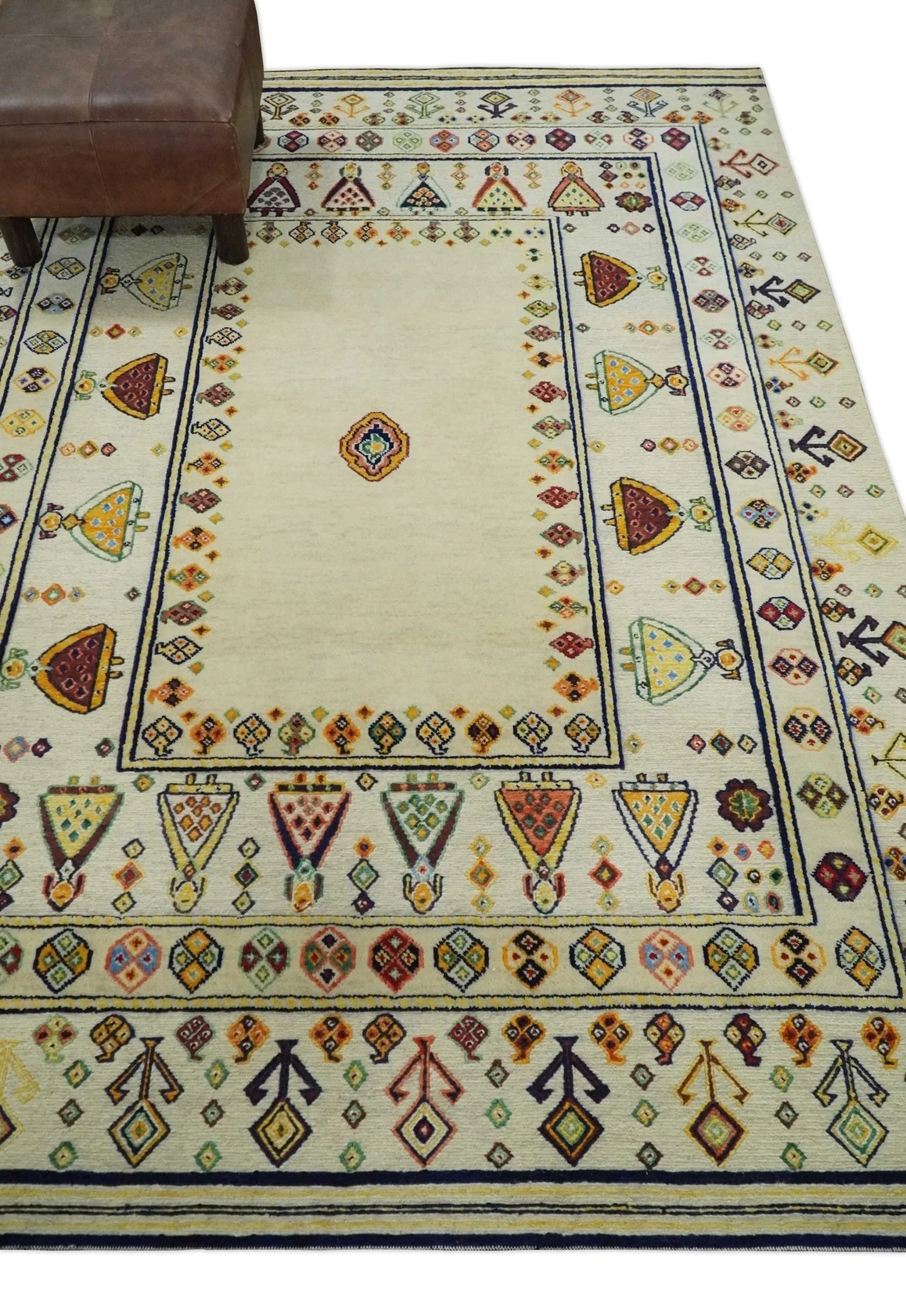 Tribal Art 5x7 Ivory and Beige Hand Spun Wool Hand Woven Southwestern Gabbeh Rug | KNT43 - Image 3