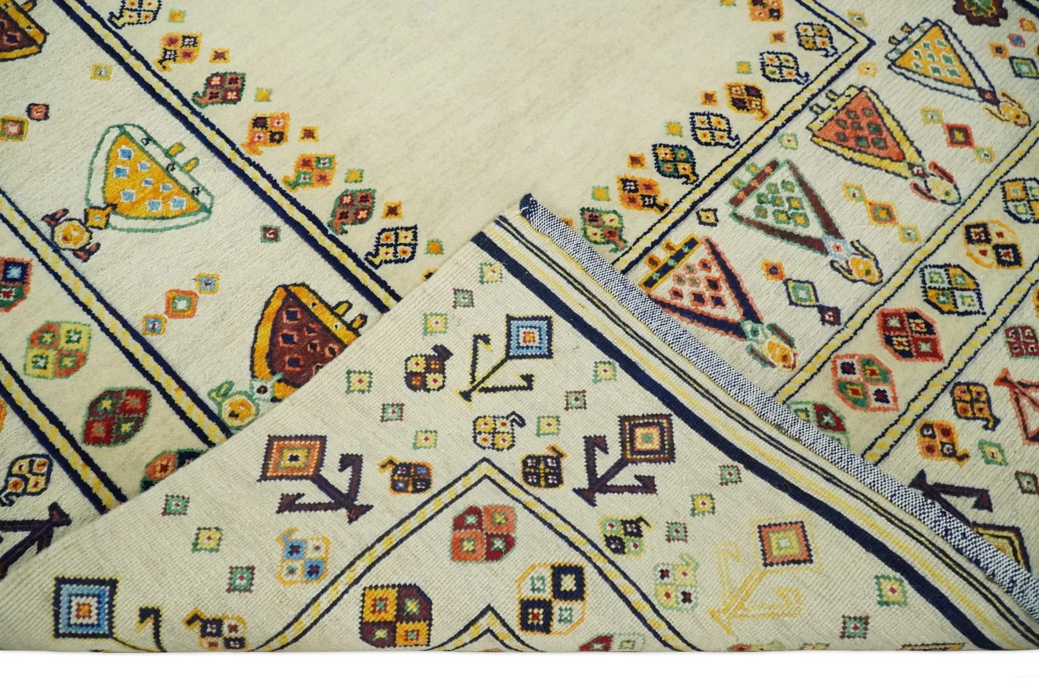 Tribal Art 5x7 Ivory and Beige Hand Spun Wool Hand Woven Southwestern Gabbeh Rug | KNT43 - Image 7