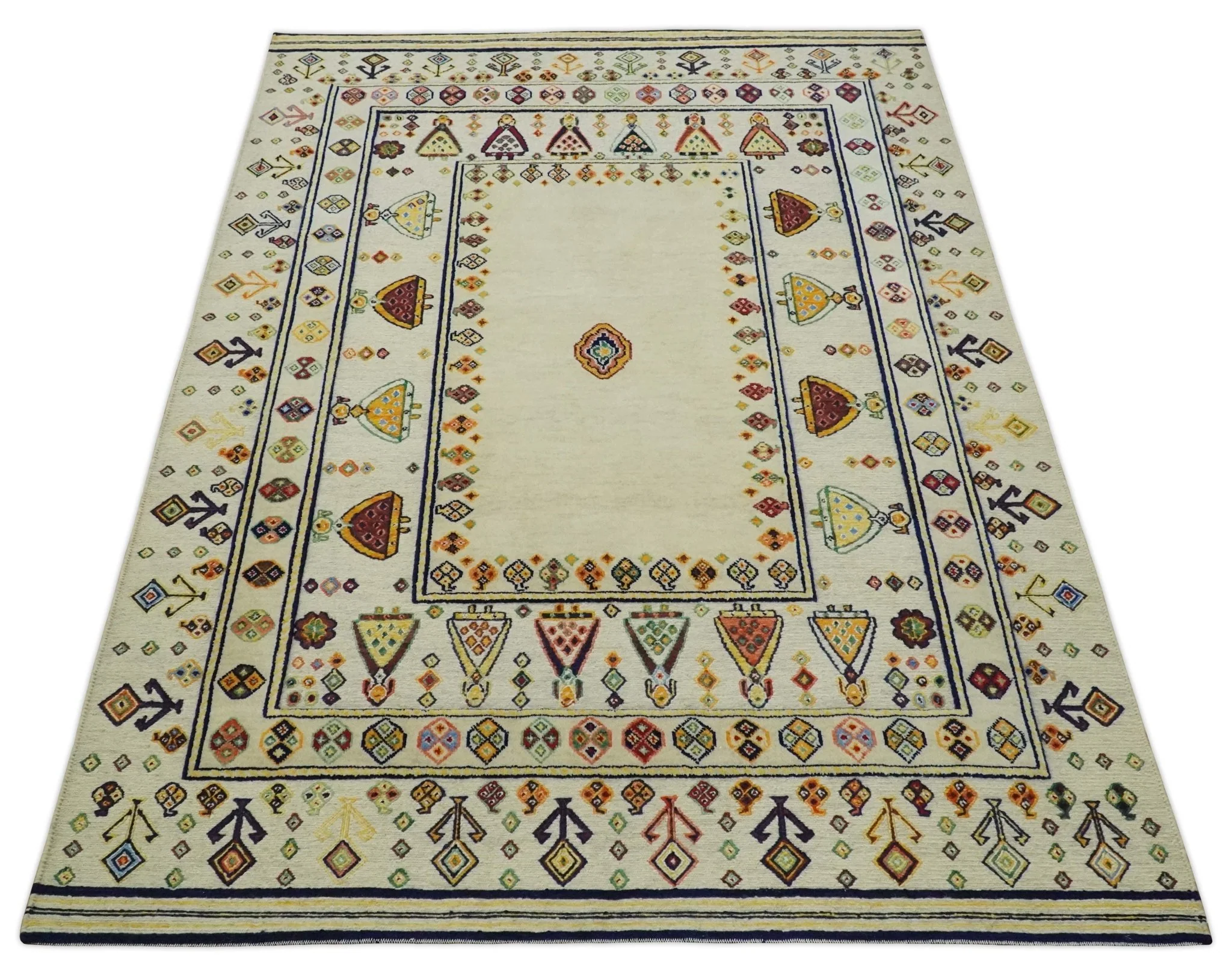 Tribal Art 5x7 Ivory and Beige Hand Spun Wool Hand Woven Southwestern Gabbeh Rug | KNT43 - Image 8