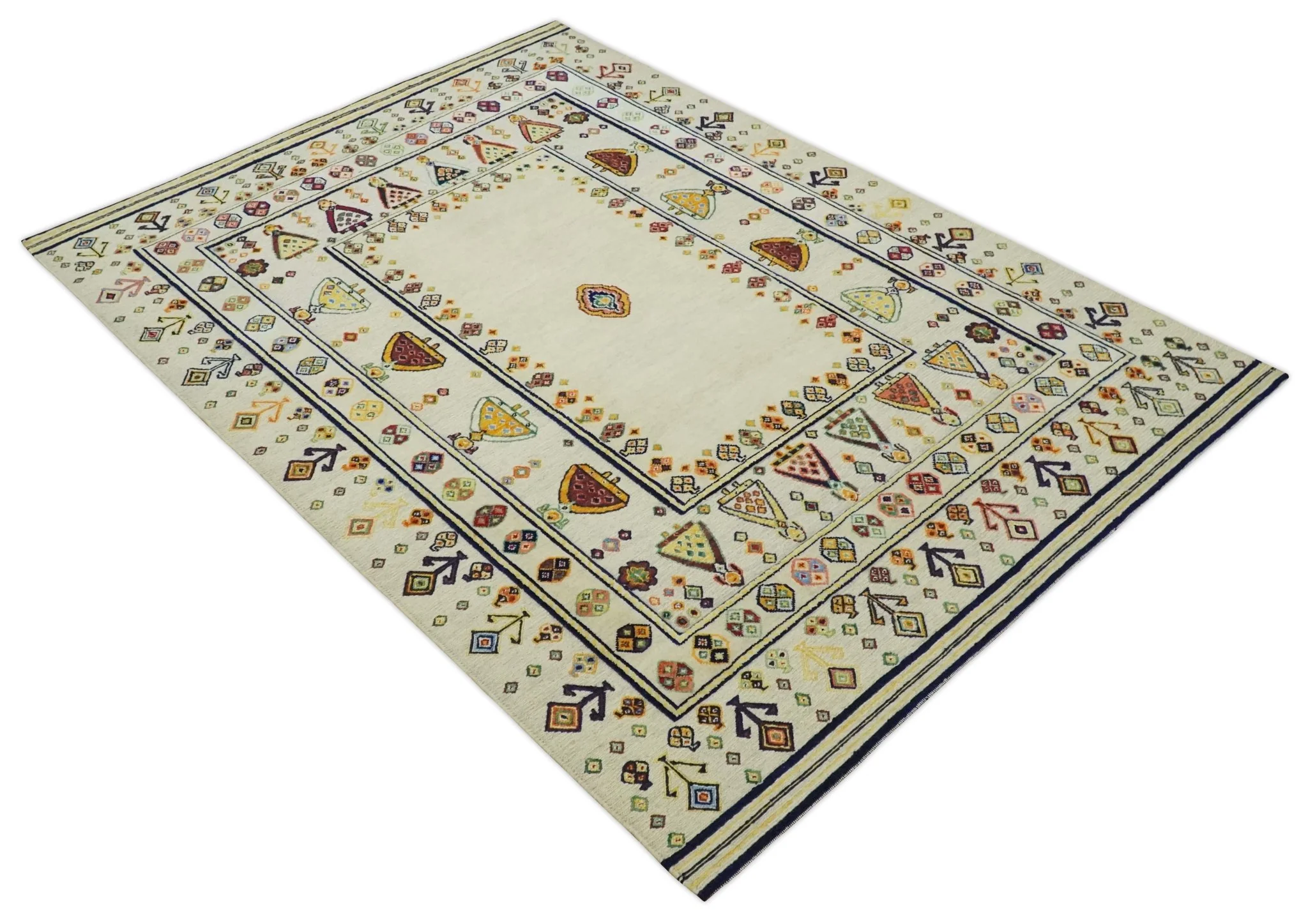 Tribal Art 5x7 Ivory and Beige Hand Spun Wool Hand Woven Southwestern Gabbeh Rug | KNT43 - Image 9