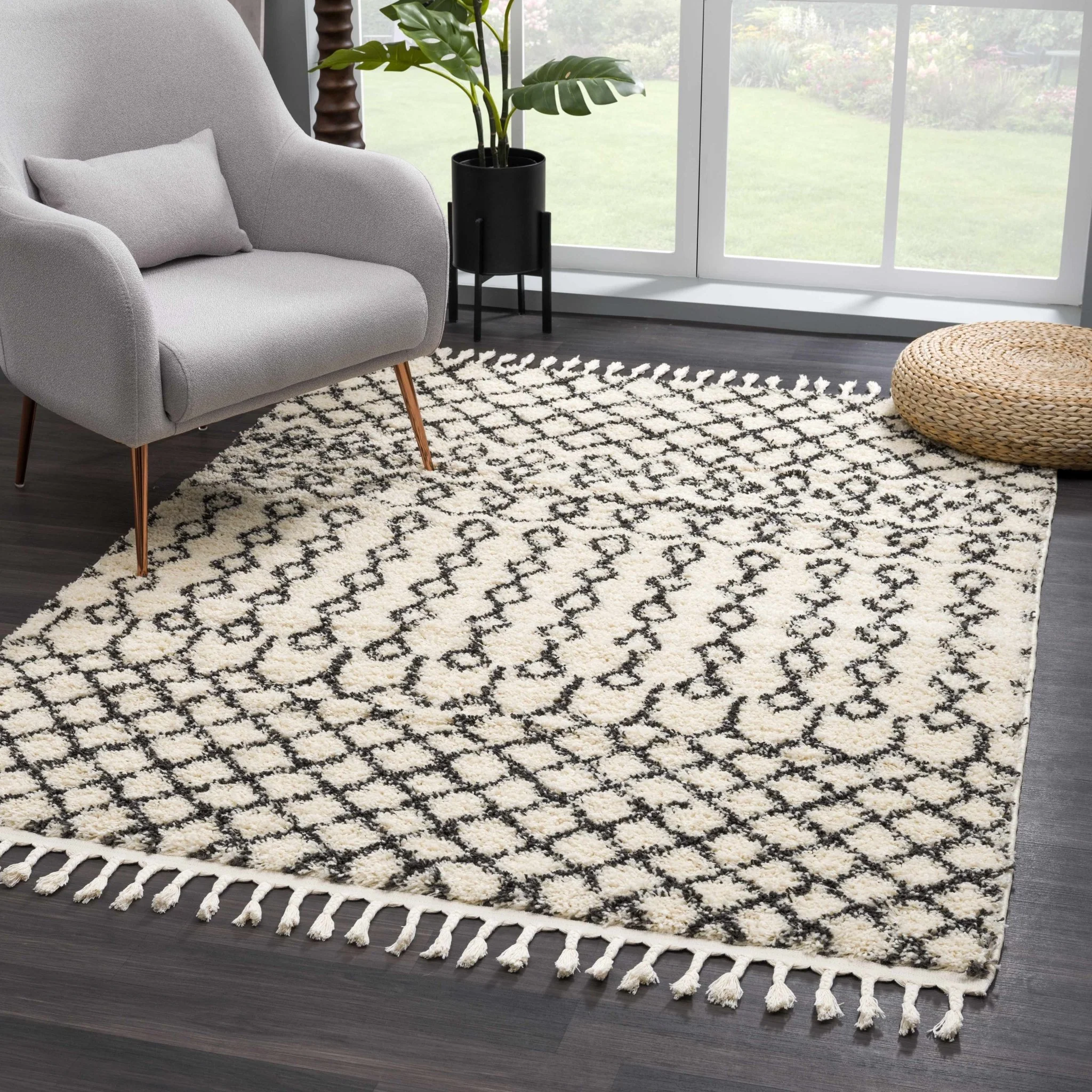 Traditional Moroccan Style Beige and Black Plush Pile Area Rug - Image 2