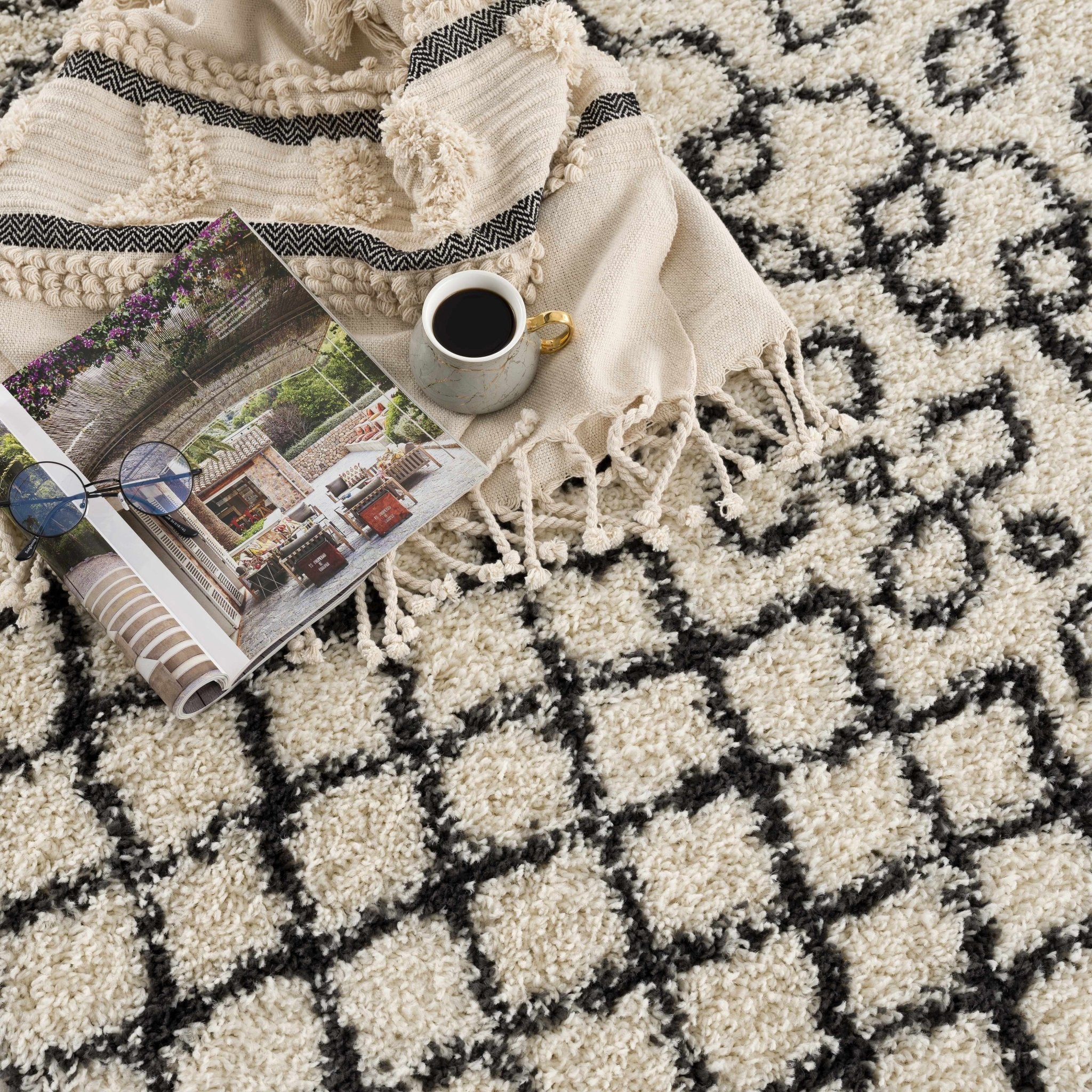 Traditional Moroccan Style Beige and Black Plush Pile Area Rug - Image 4