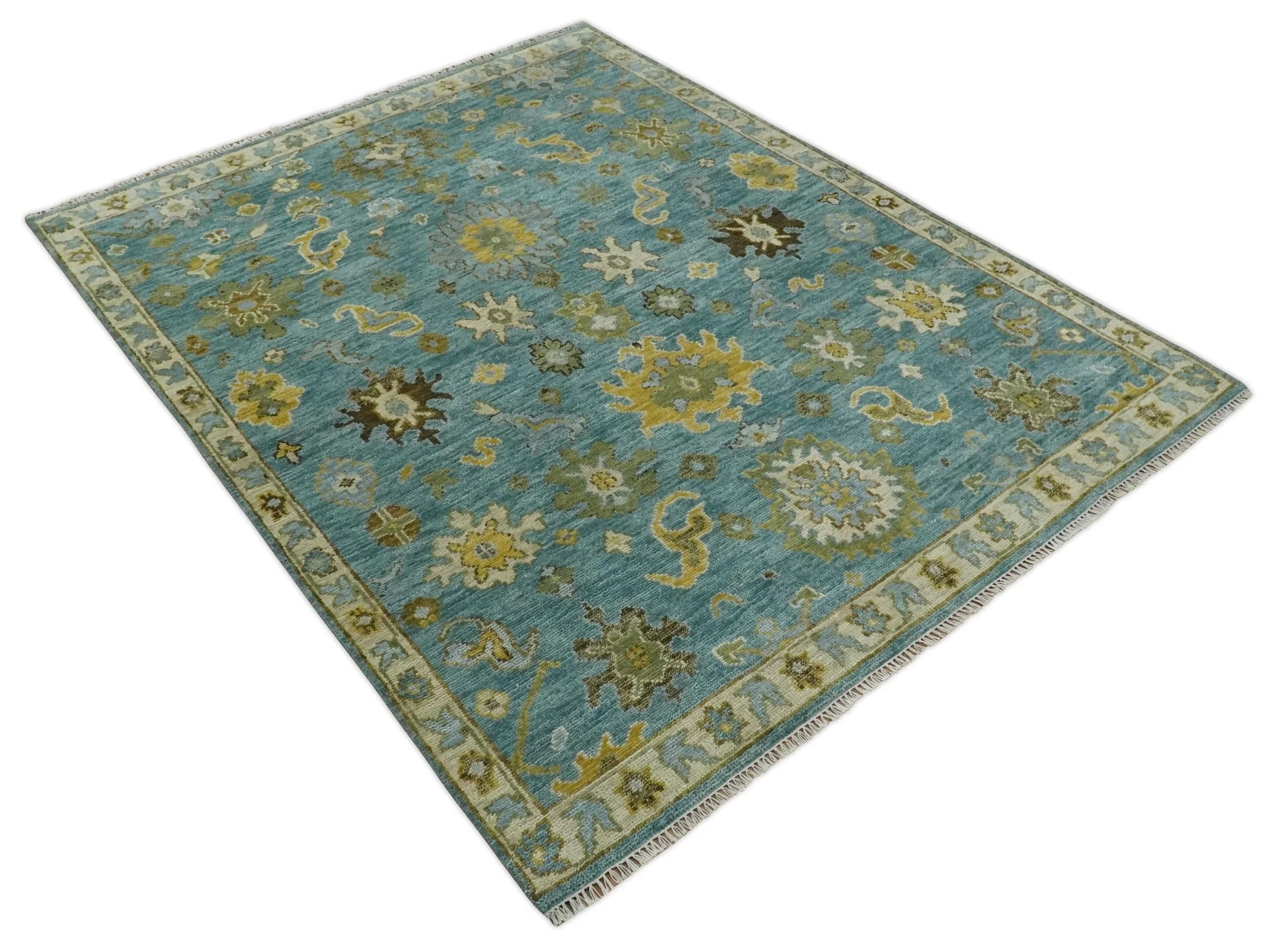 Antique Style Blue, Moss Green and Gold 8x10, 9x12 and 10x14 Wool Hand Knotted Traditional Vintage Wool Area Rug - Image 10
