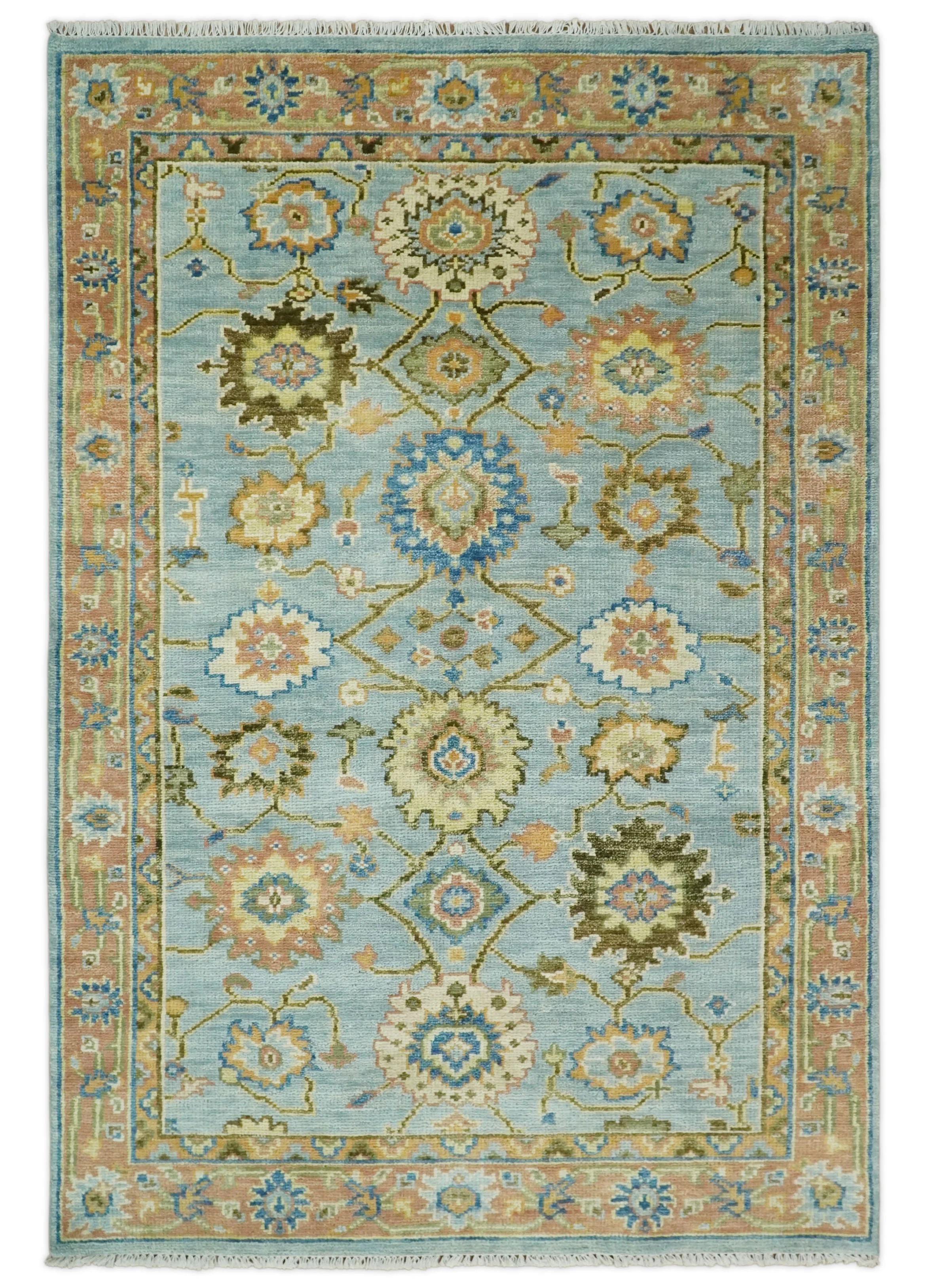 Ready to Ship Hand Knotted Blue and Rust Modern Oushak Area Rug - Image 11