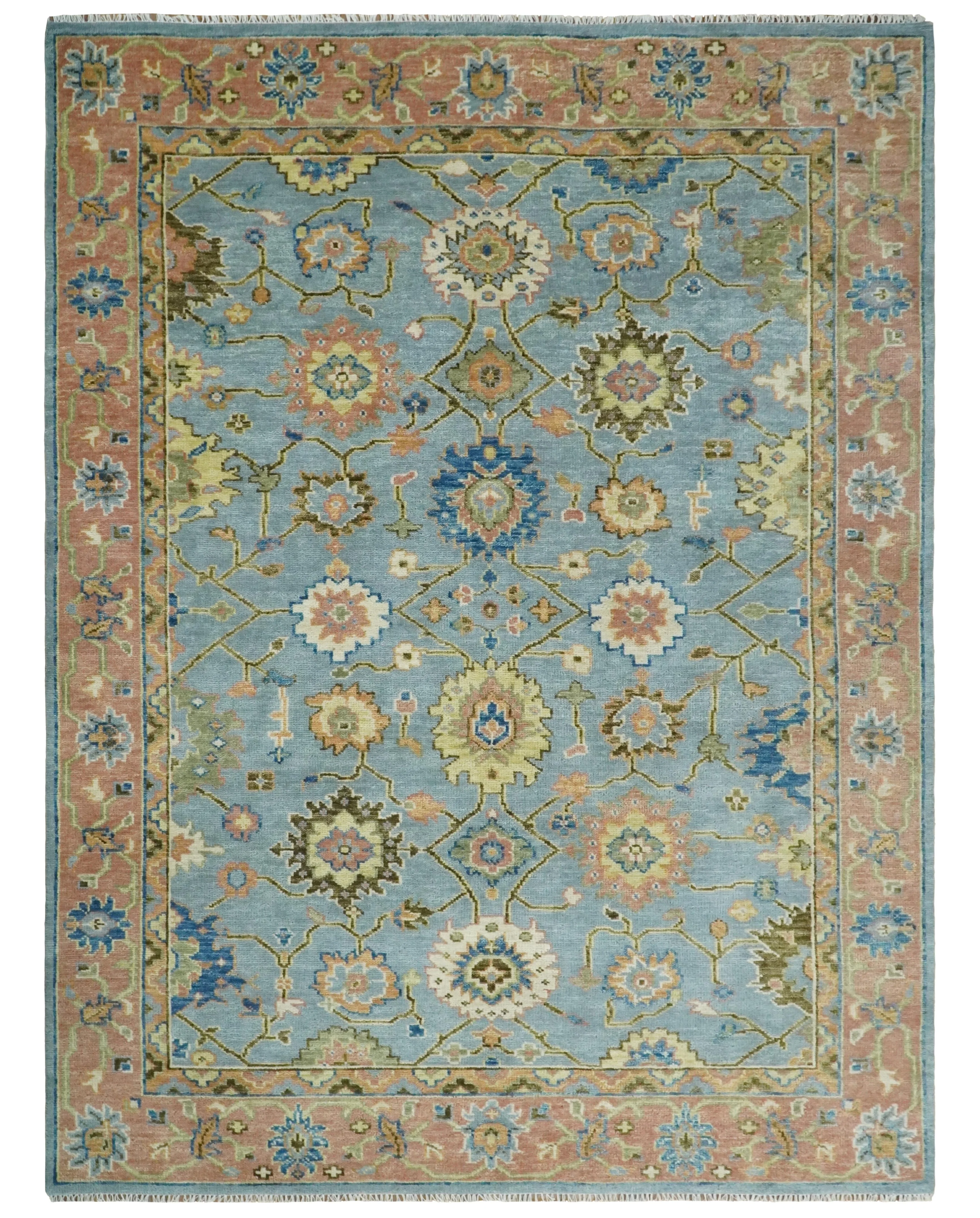 Ready to Ship Hand Knotted Blue and Rust Modern Oushak Area Rug - Image 12