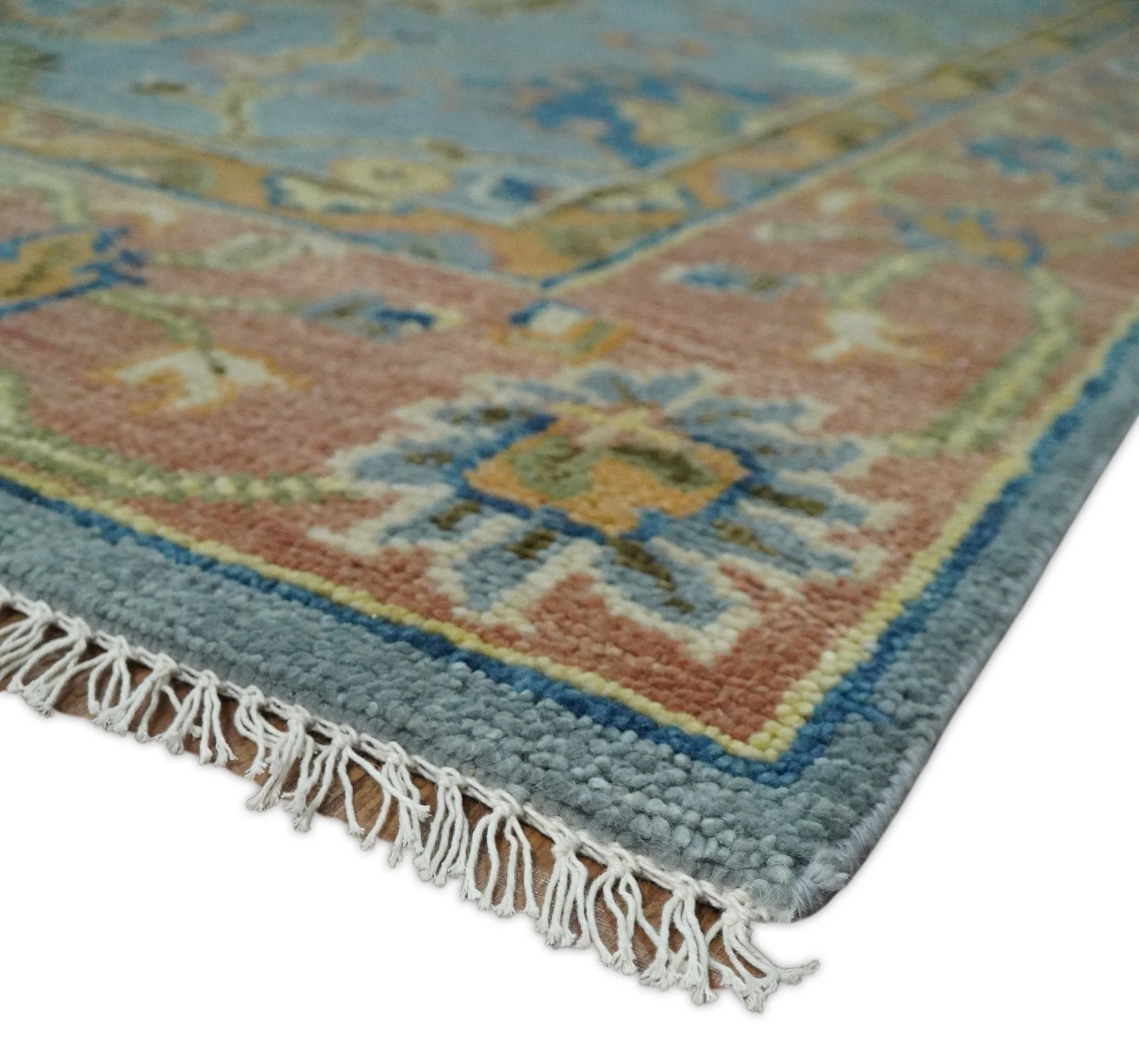 Ready to Ship Hand Knotted Blue and Rust Modern Oushak Area Rug - Image 5