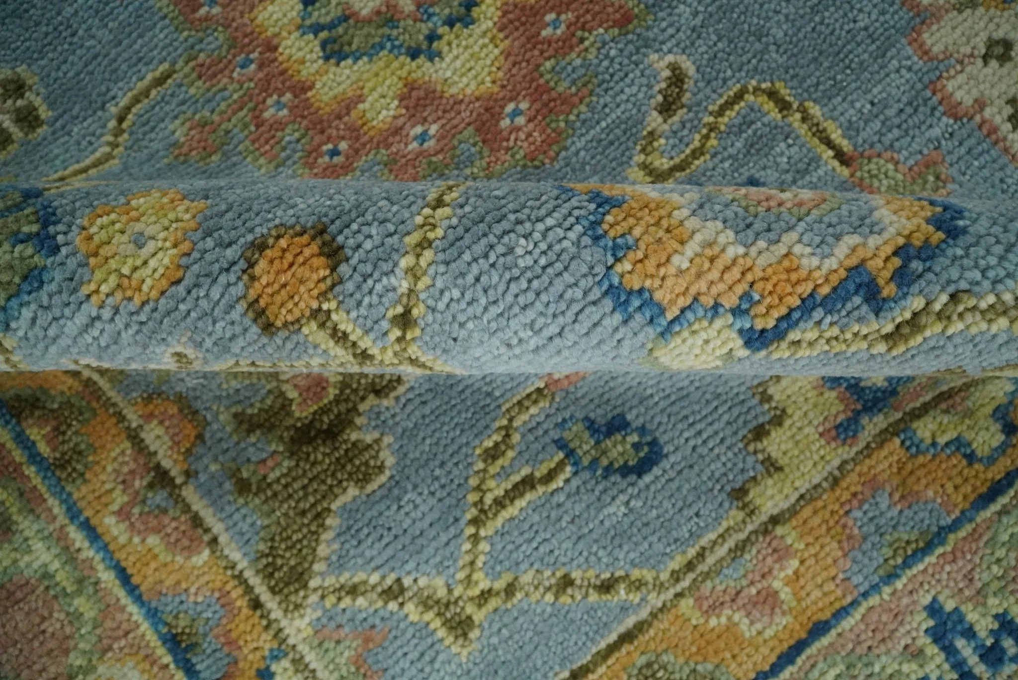 Ready to Ship Hand Knotted Blue and Rust Modern Oushak Area Rug - Image 7