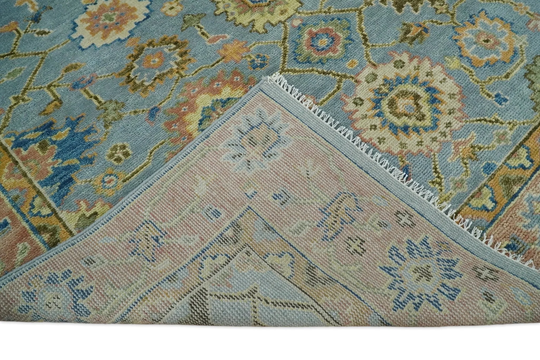 Ready to Ship Hand Knotted Blue and Rust Modern Oushak Area Rug - Image 8
