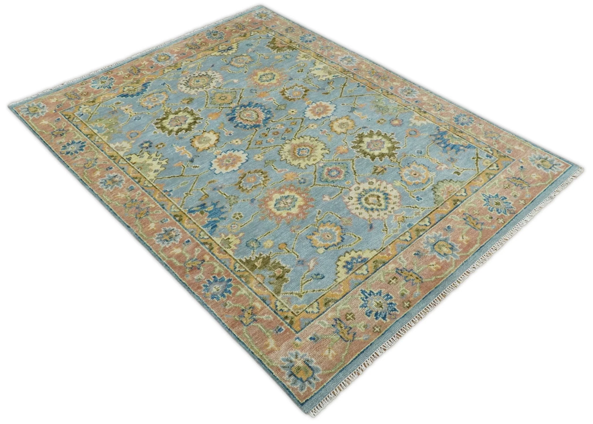 Ready to Ship Hand Knotted Blue and Rust Modern Oushak Area Rug - Image 9