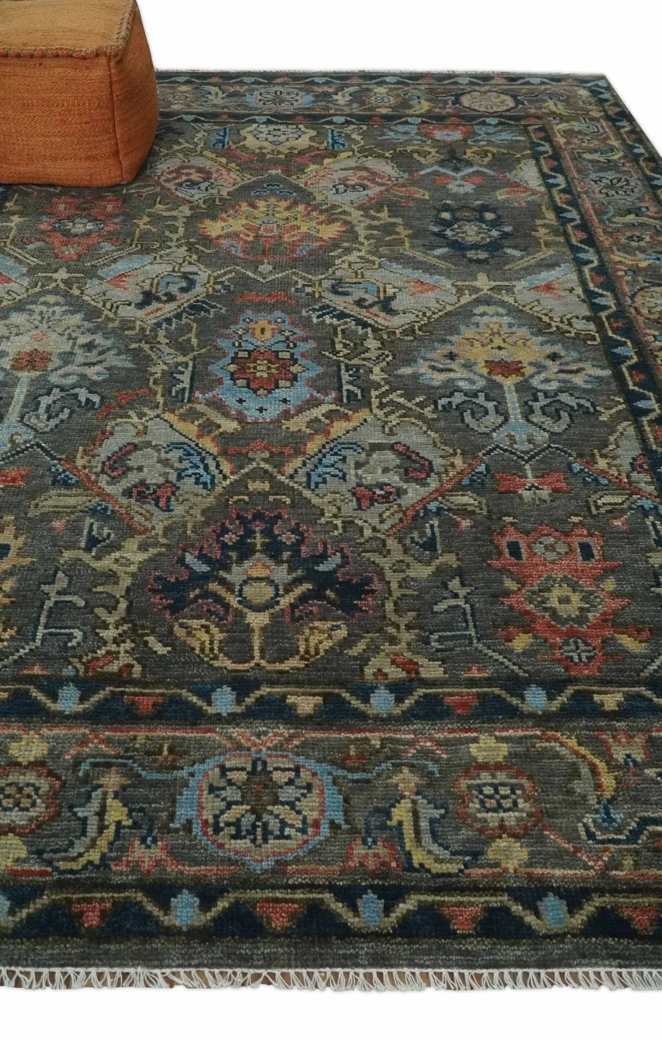 Hand Spun Wool Traditional Legacy Oushak Blue, Rust and Charcoal Area Rug - Image 3