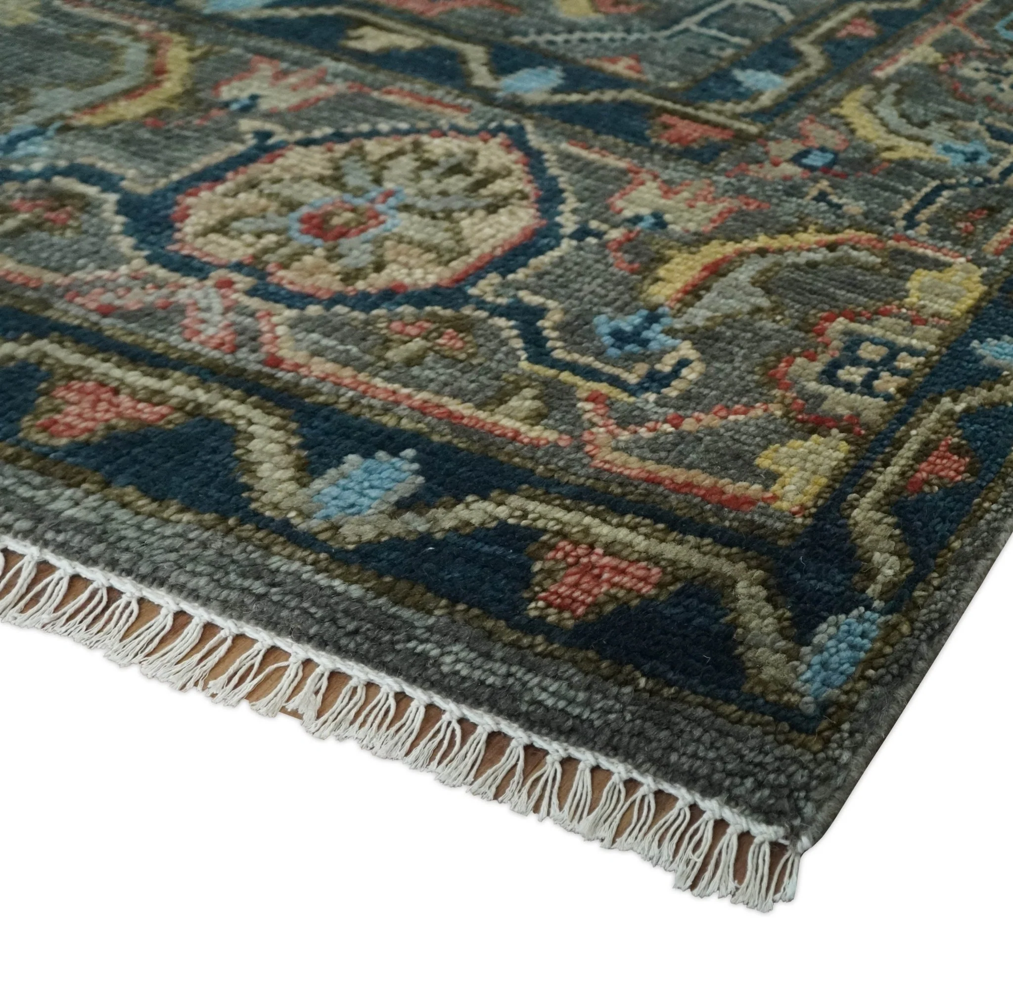 Hand Spun Wool Traditional Legacy Oushak Blue, Rust and Charcoal Area Rug - Image 5
