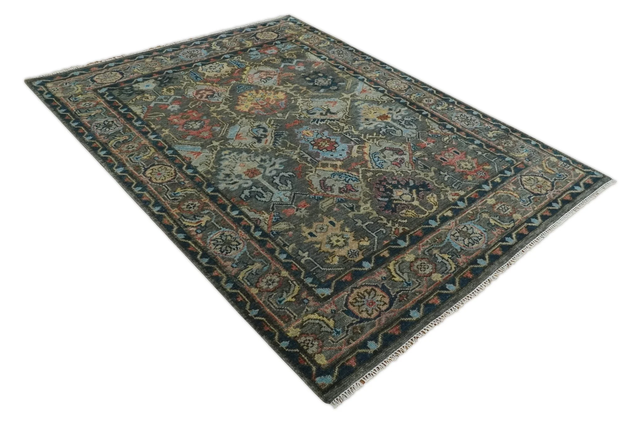 Hand Spun Wool Traditional Legacy Oushak Blue, Rust and Charcoal Area Rug - Image 9