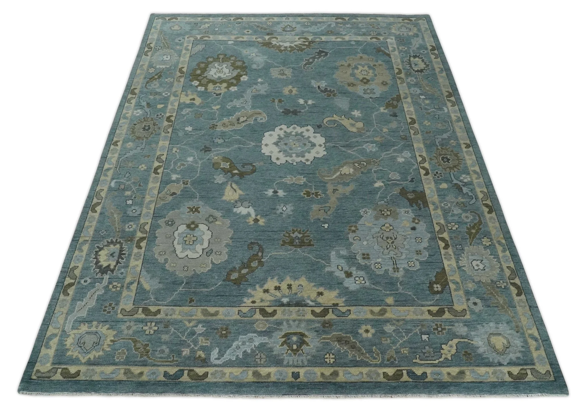 Multi Size Hand Knotted Blue and Beige Traditional Oushak Wool Rug - Image 10
