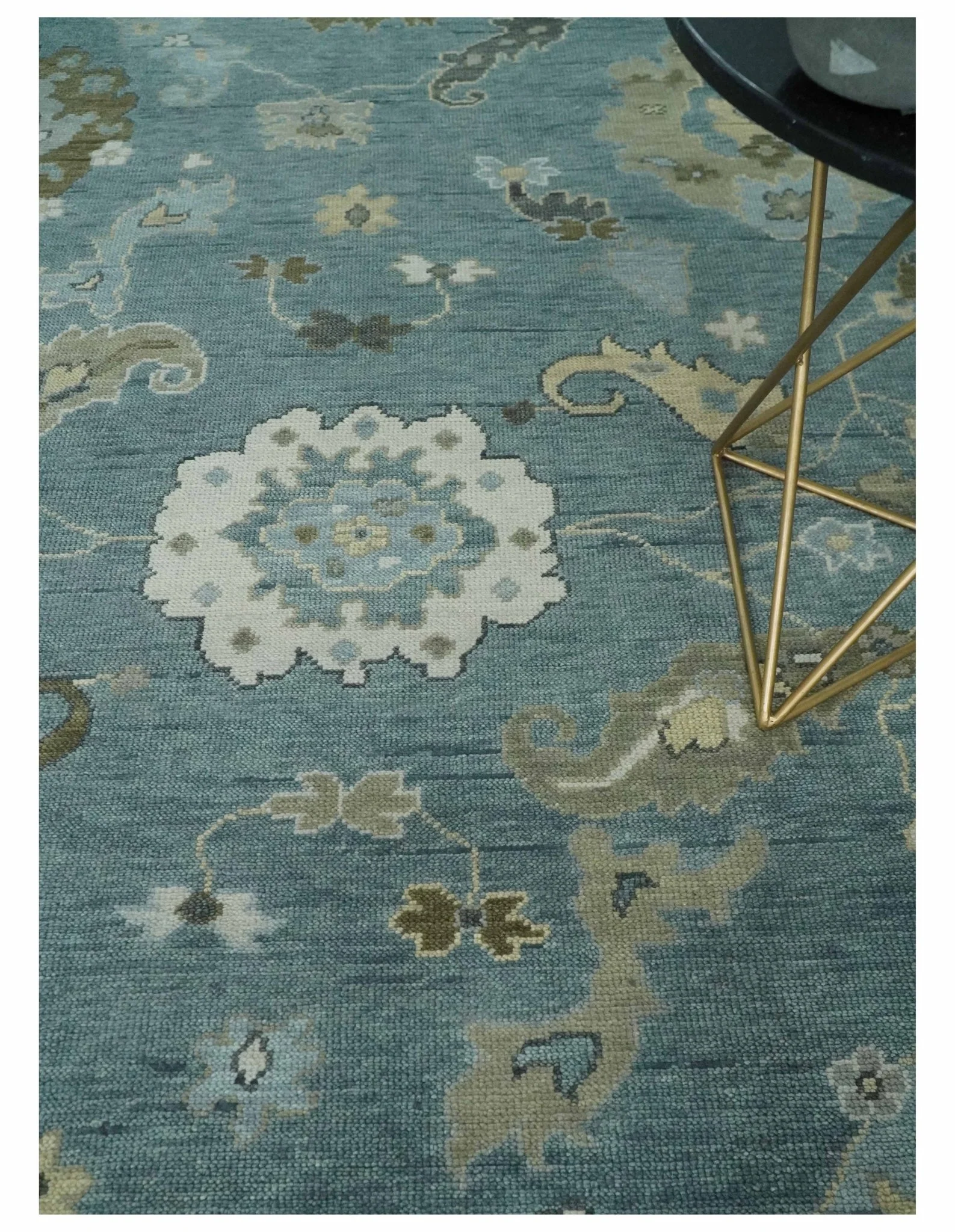Multi Size Hand Knotted Blue and Beige Traditional Oushak Wool Rug - Image 2