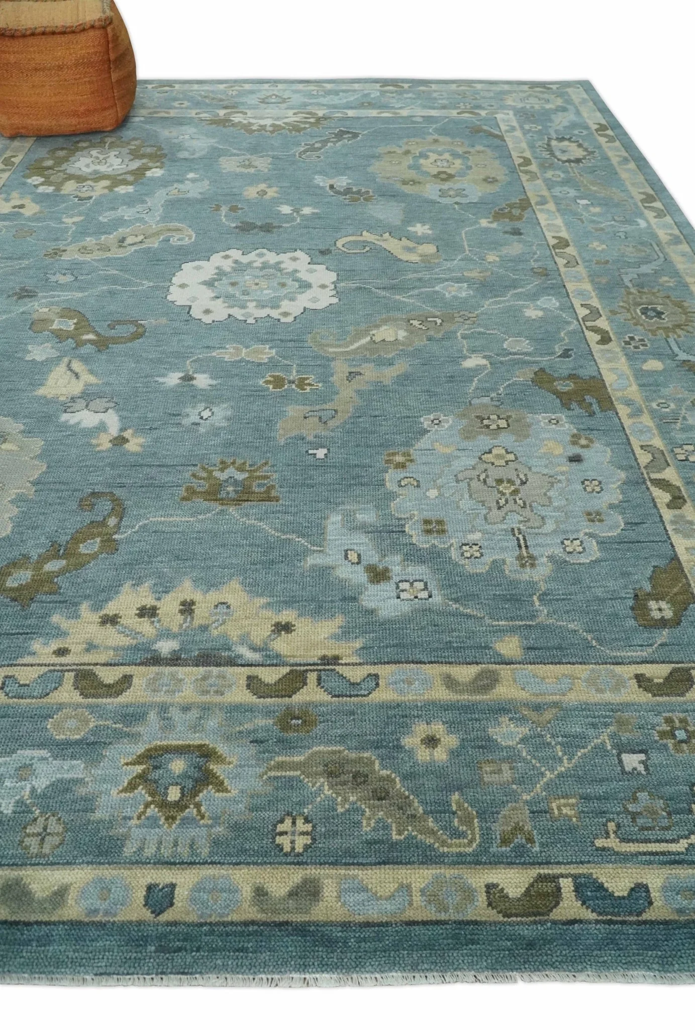 Multi Size Hand Knotted Blue and Beige Traditional Oushak Wool Rug - Image 3
