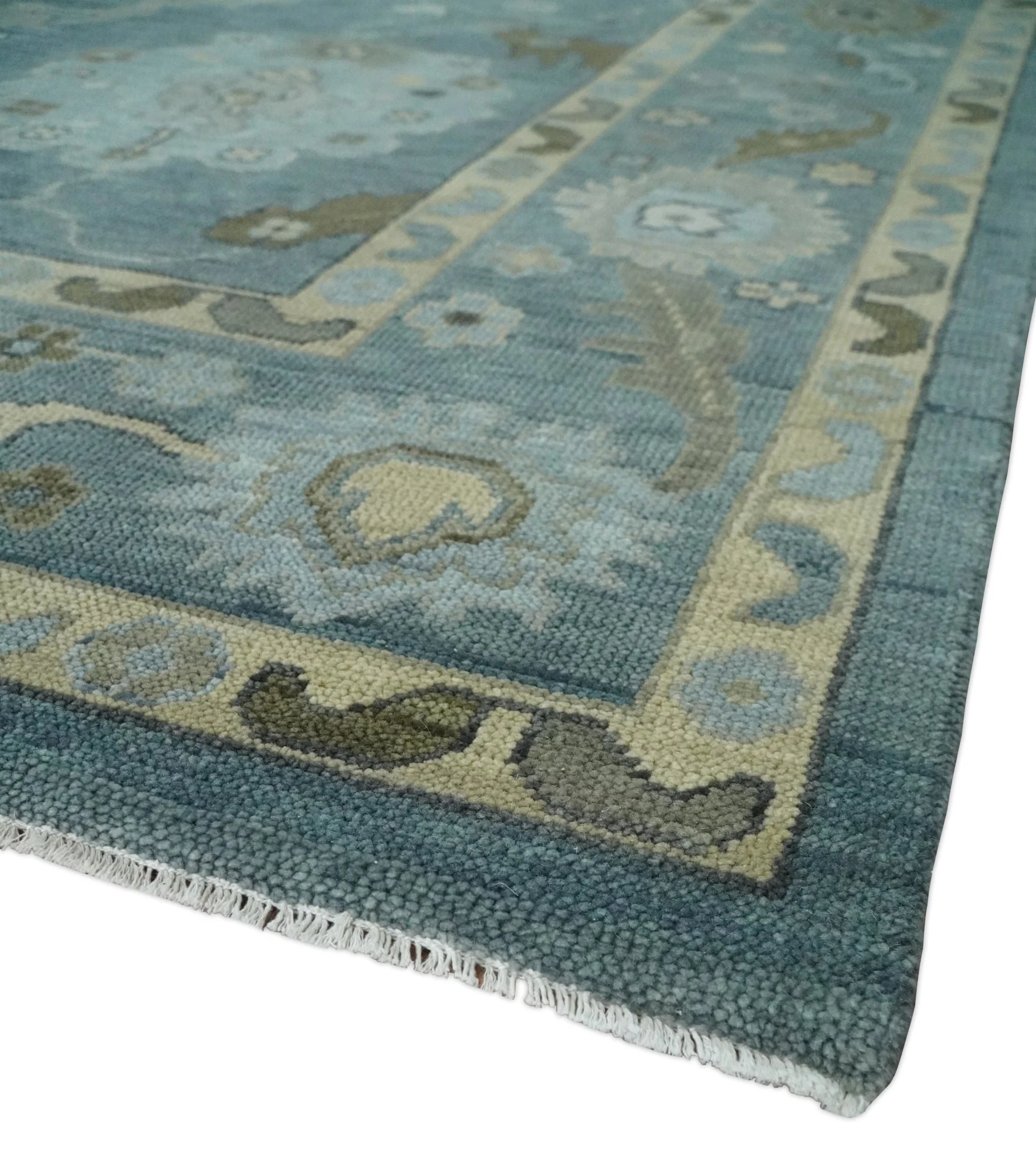 Multi Size Hand Knotted Blue and Beige Traditional Oushak Wool Rug - Image 5