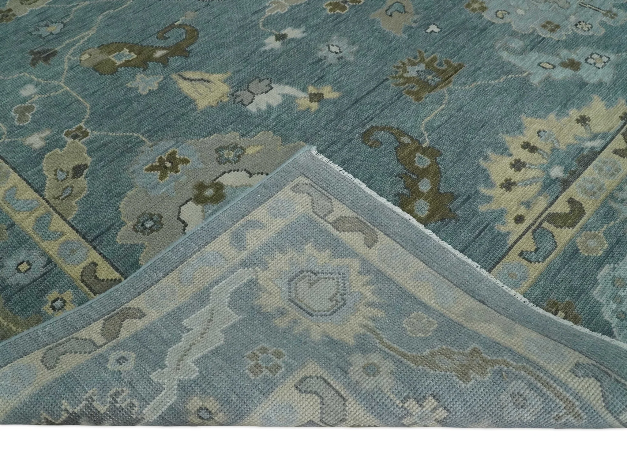 Multi Size Hand Knotted Blue and Beige Traditional Oushak Wool Rug - Image 7