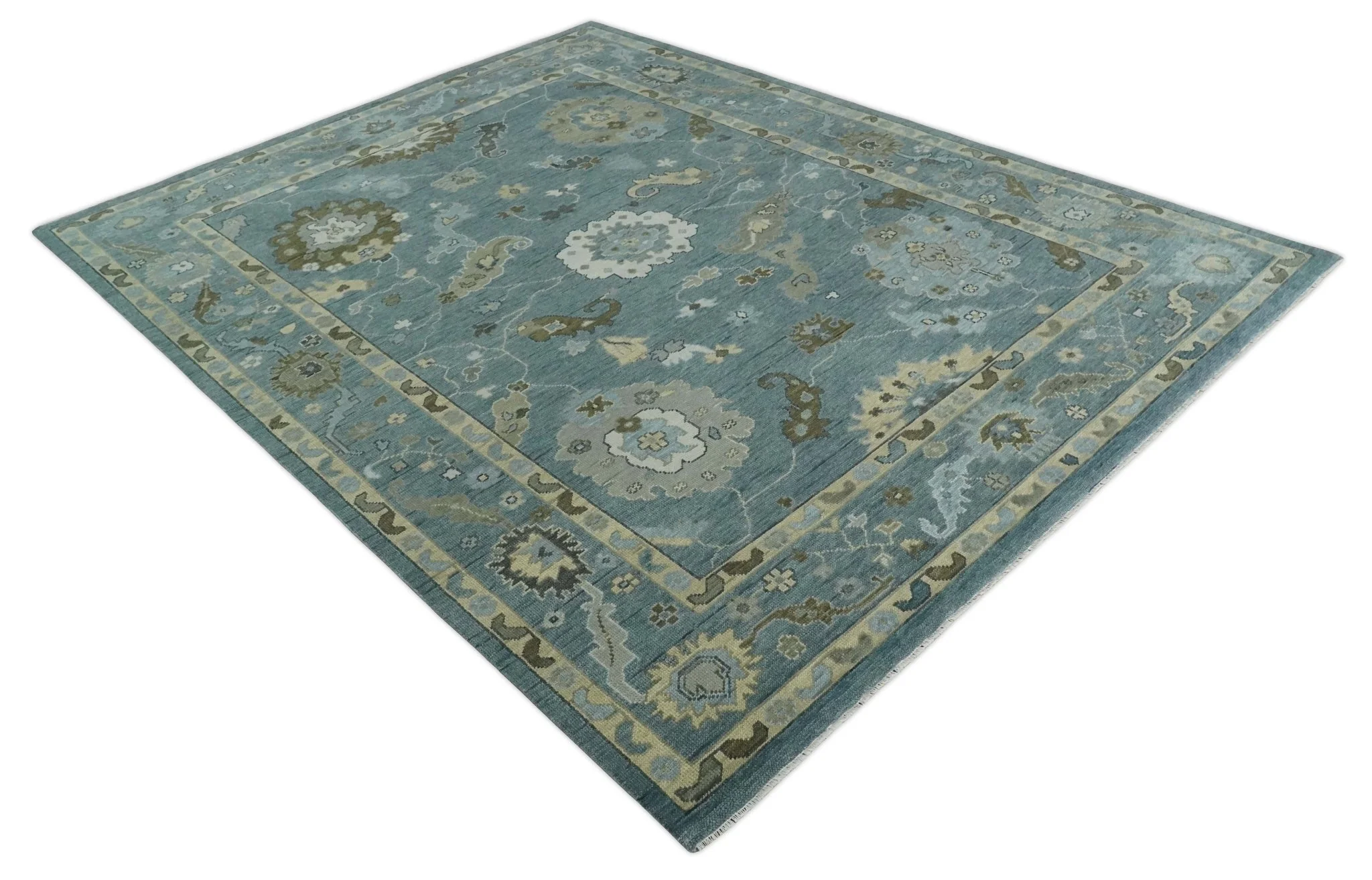 Multi Size Hand Knotted Blue and Beige Traditional Oushak Wool Rug - Image 9