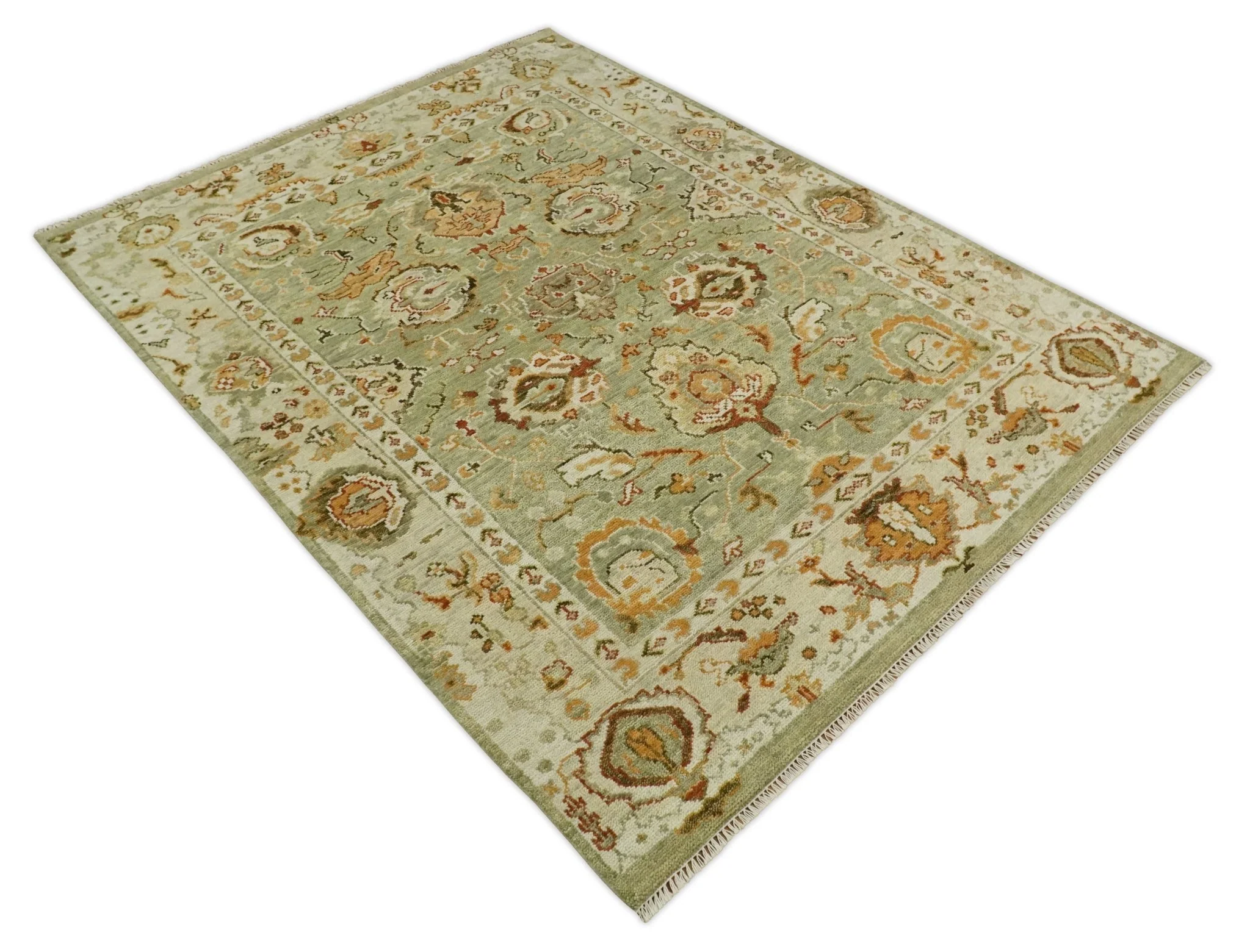 Ready to Ship 8x10, 9x12,10x14 Hand Knotted Green and beige Traditional Vintage Style Antique Wool Rug - Image 10