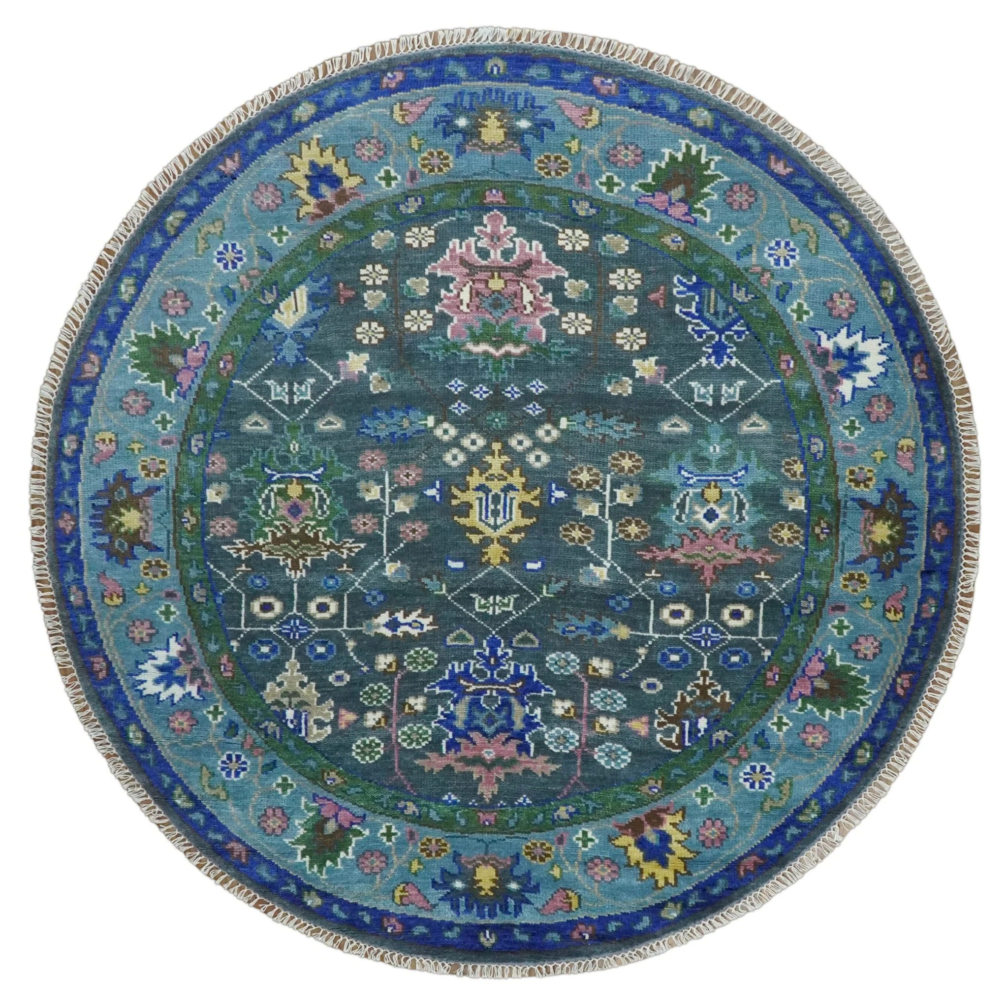 Ready to Ship Hand Knotted Green Moss and Blue Traditional Turkish Design Wool Rug - Image 10