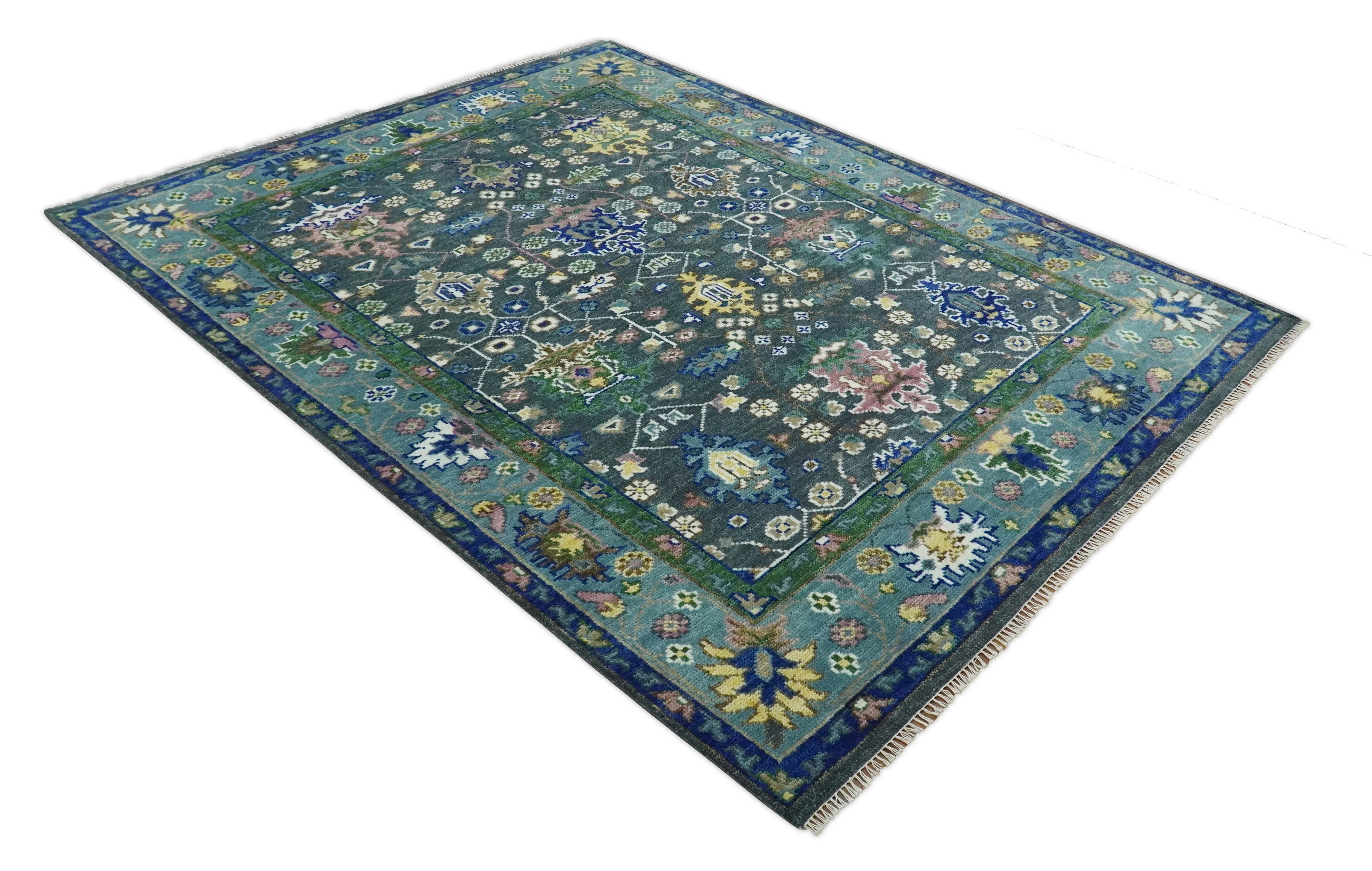 Ready to Ship Hand Knotted Green Moss and Blue Traditional Turkish Design Wool Rug - Image 11