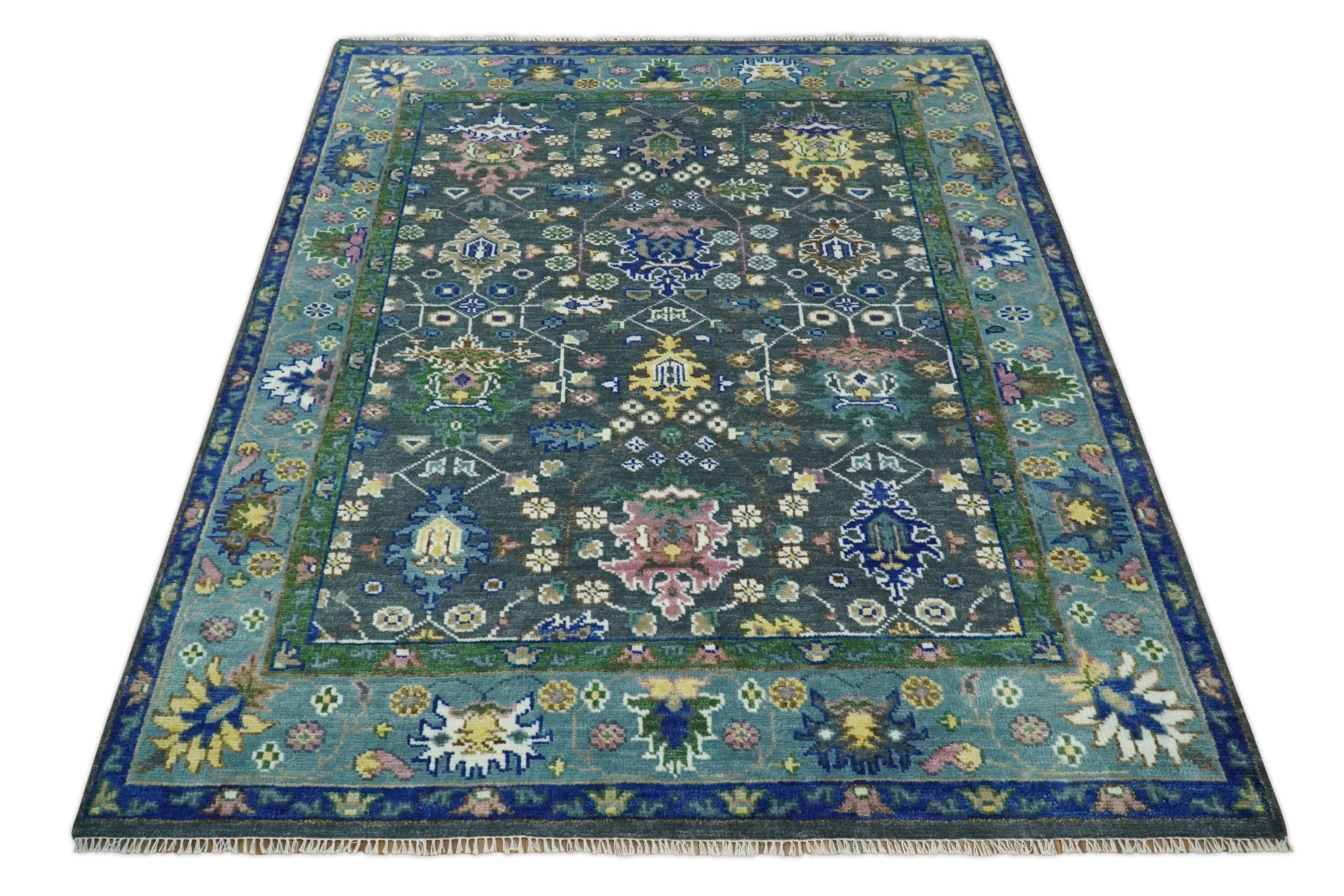 Ready to Ship Hand Knotted Green Moss and Blue Traditional Turkish Design Wool Rug - Image 12