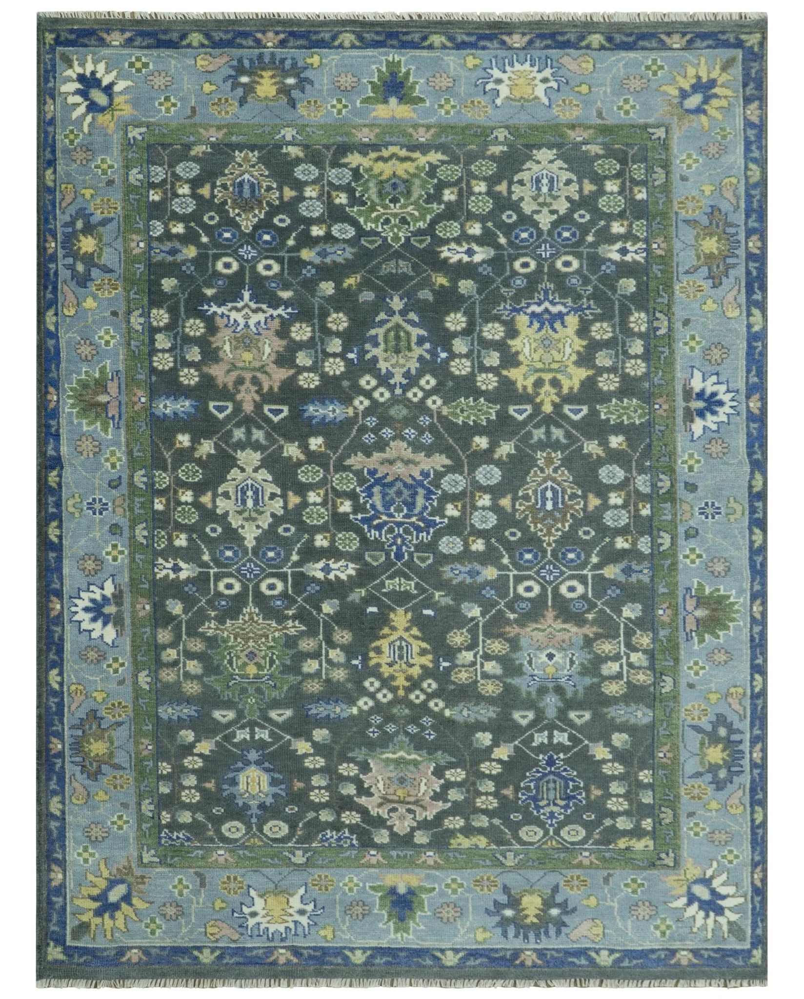 Ready to Ship Hand Knotted Green Moss and Blue Traditional Turkish Design Wool Rug - Image 13