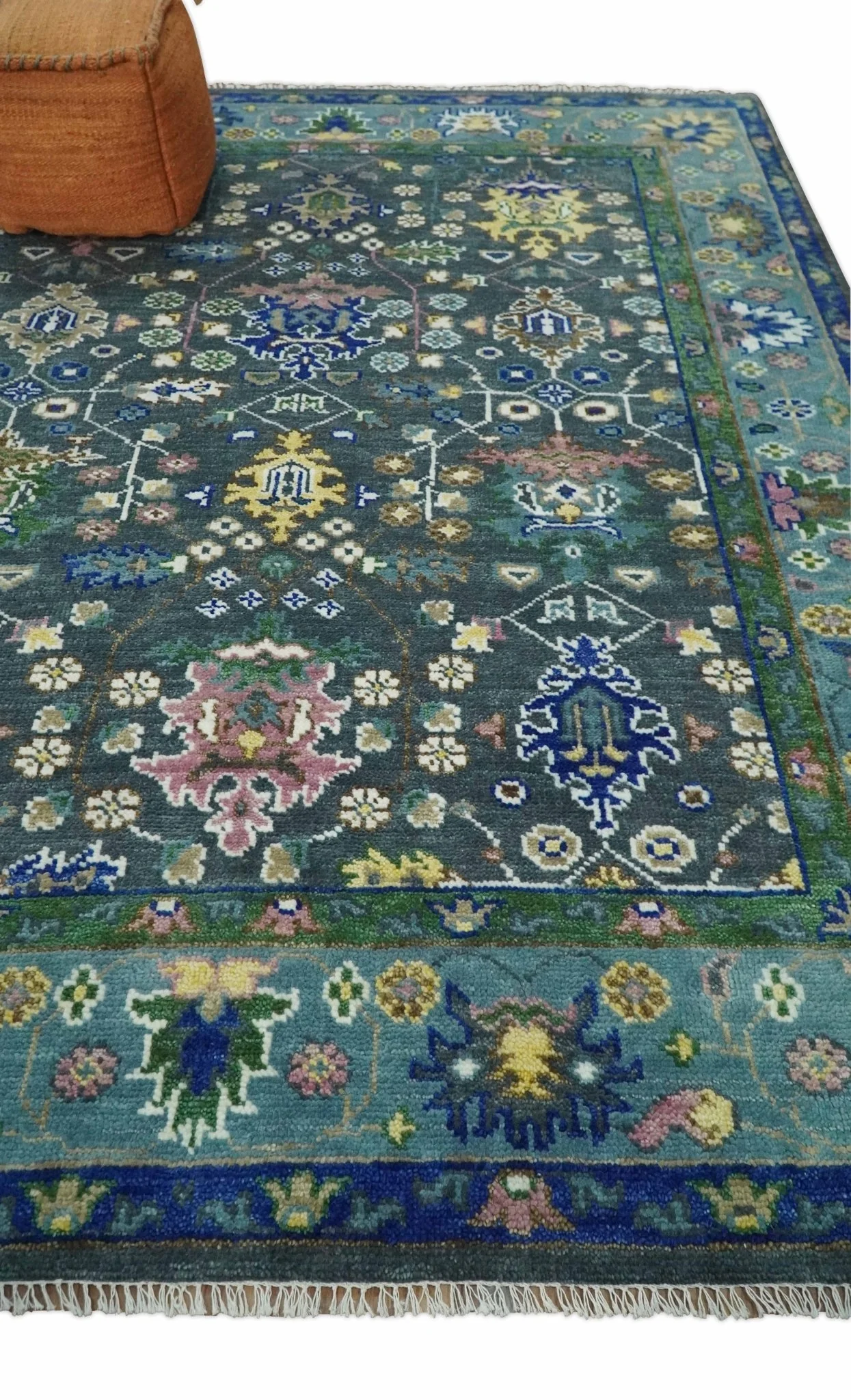 Ready to Ship Hand Knotted Green Moss and Blue Traditional Turkish Design Wool Rug - Image 3