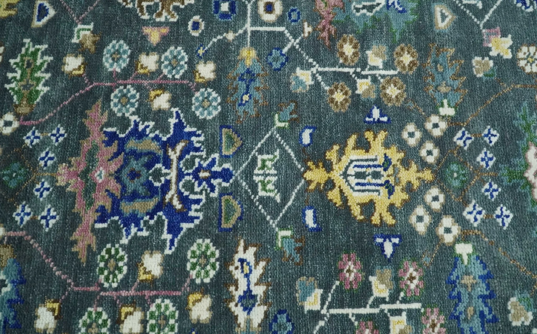 Ready to Ship Hand Knotted Green Moss and Blue Traditional Turkish Design Wool Rug - Image 4