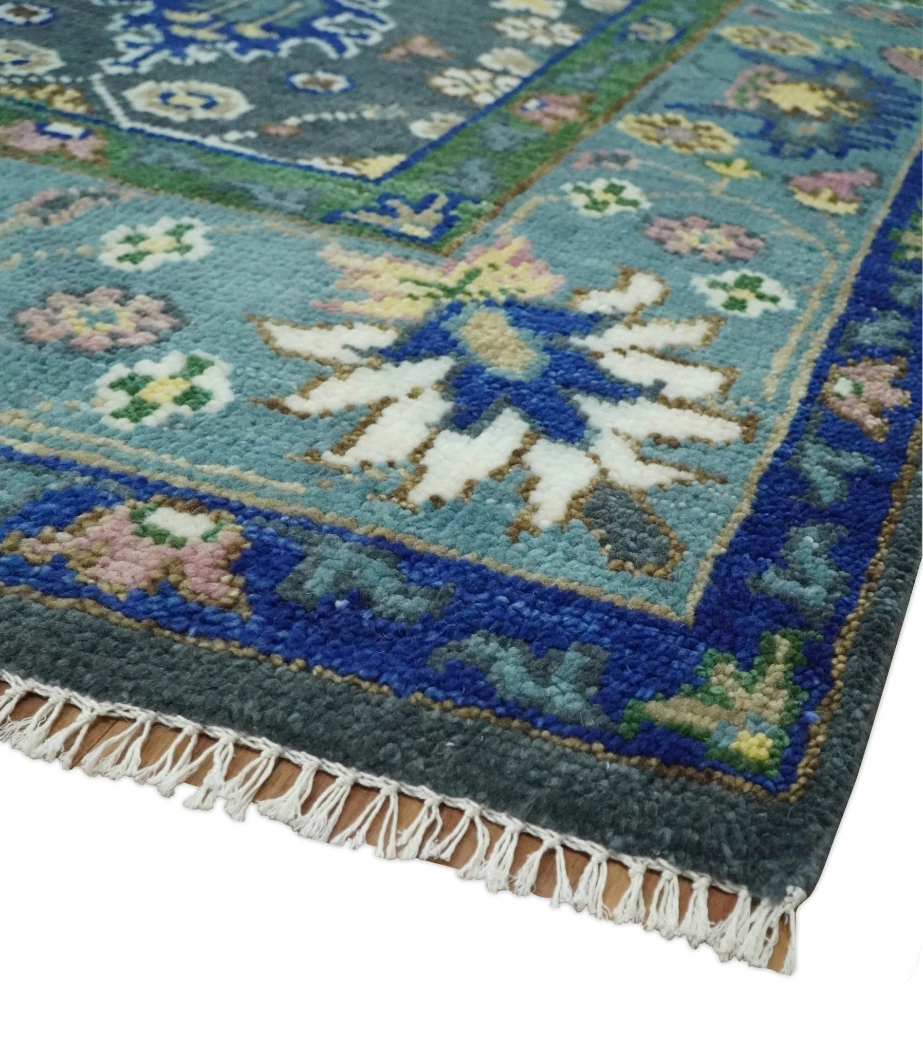 Ready to Ship Hand Knotted Green Moss and Blue Traditional Turkish Design Wool Rug - Image 5