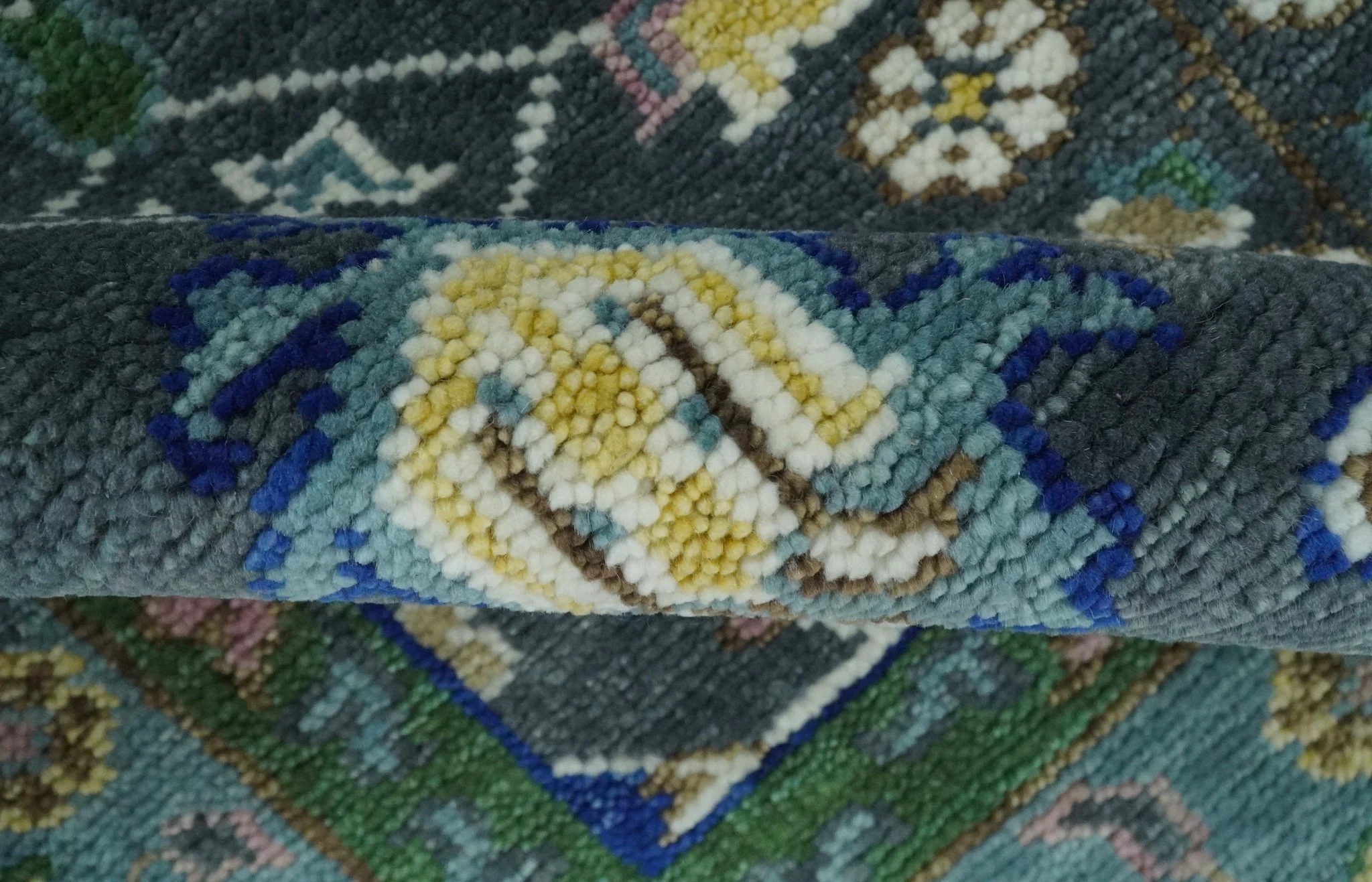 Ready to Ship Hand Knotted Green Moss and Blue Traditional Turkish Design Wool Rug - Image 6
