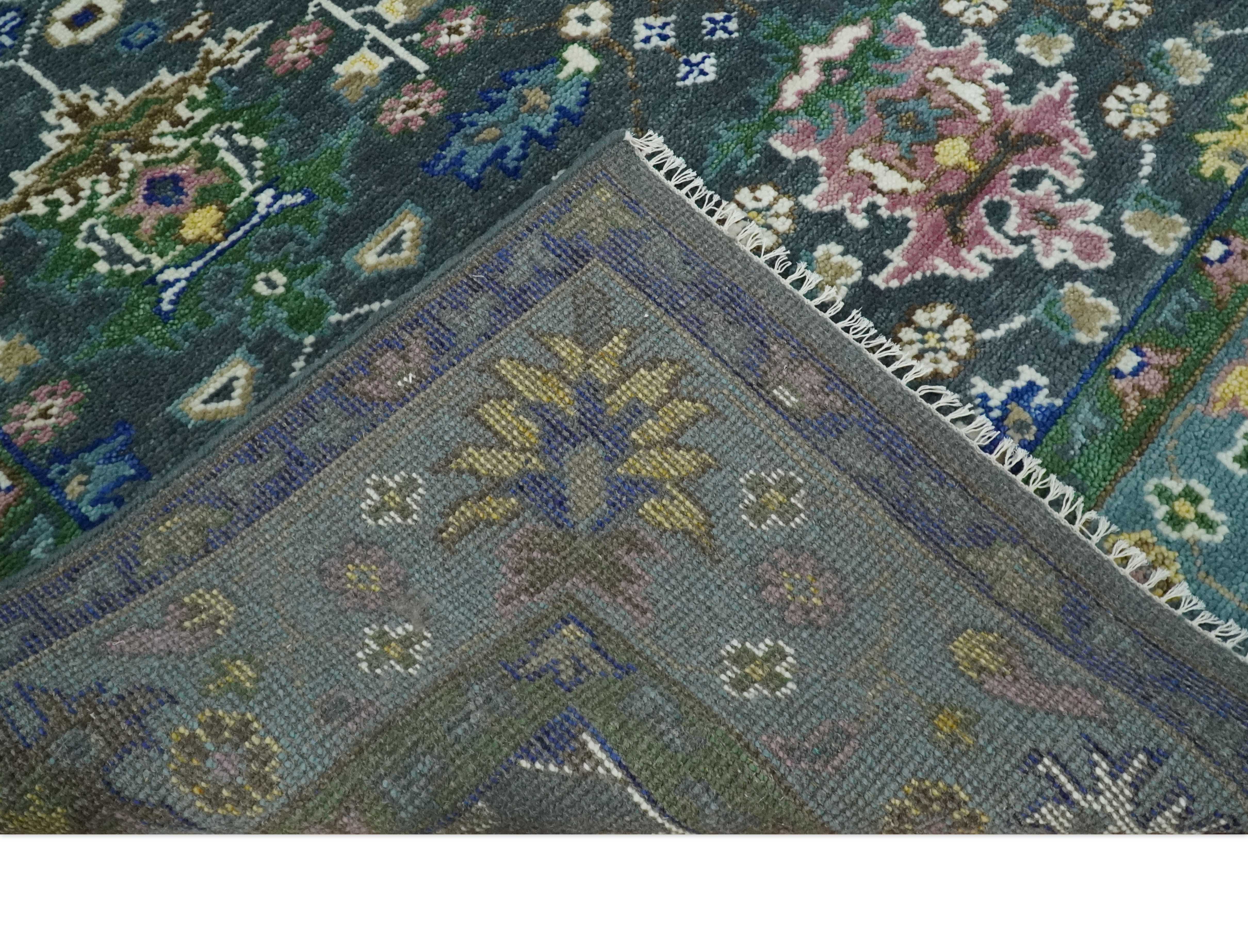 Ready to Ship Hand Knotted Green Moss and Blue Traditional Turkish Design Wool Rug - Image 8