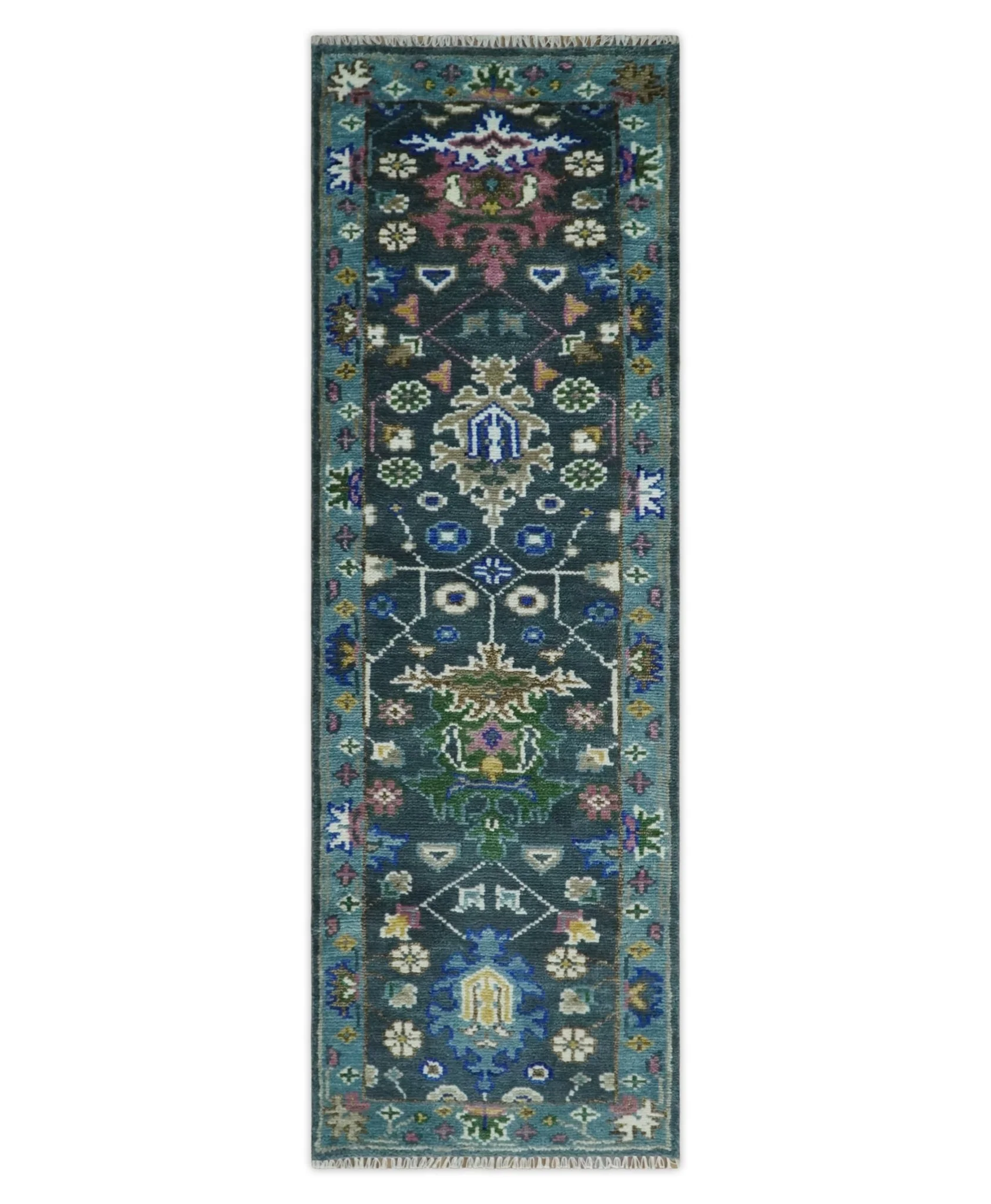 Ready to Ship Hand Knotted Green Moss and Blue Traditional Turkish Design Wool Rug - Image 9