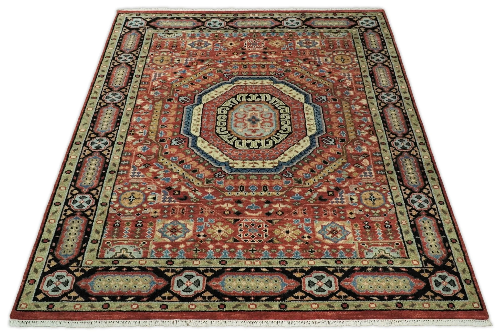 Fine Wool Hand Knotted Kazak Medallion Red and Black Traditional Rug - Image 10