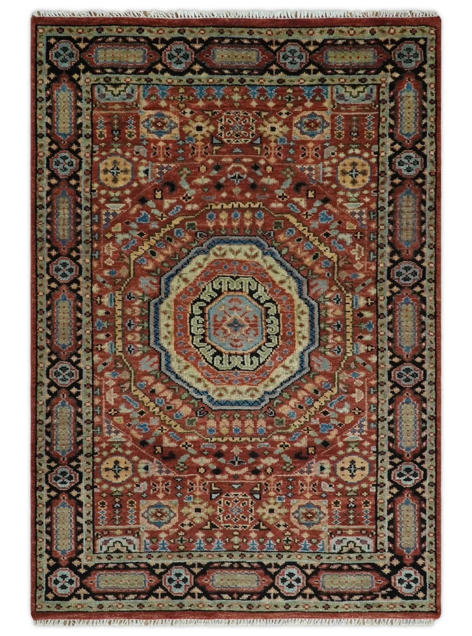 Fine Wool Hand Knotted Kazak Medallion Red and Black Traditional Rug - Image 11