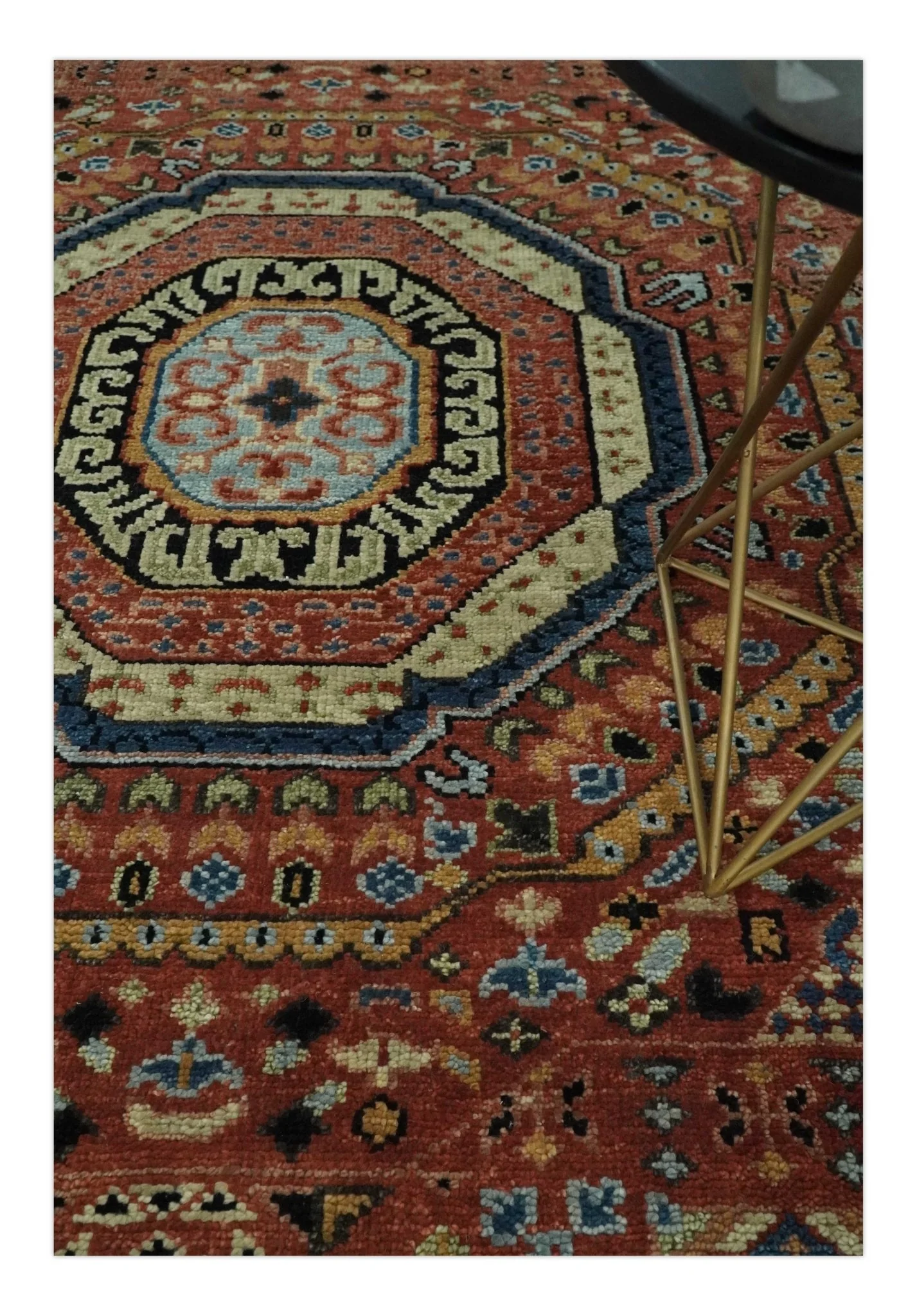 Fine Wool Hand Knotted Kazak Medallion Red and Black Traditional Rug - Image 2