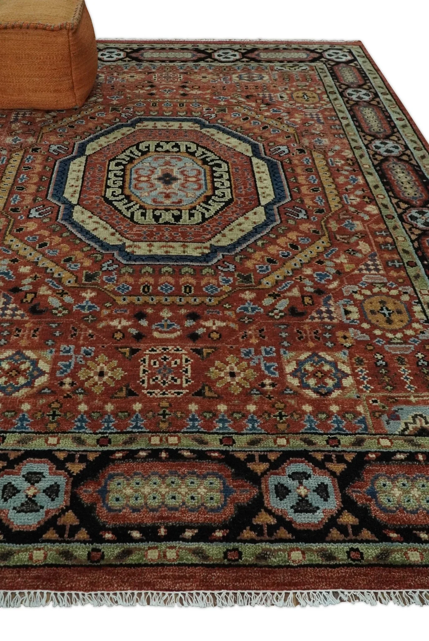 Fine Wool Hand Knotted Kazak Medallion Red and Black Traditional Rug - Image 3