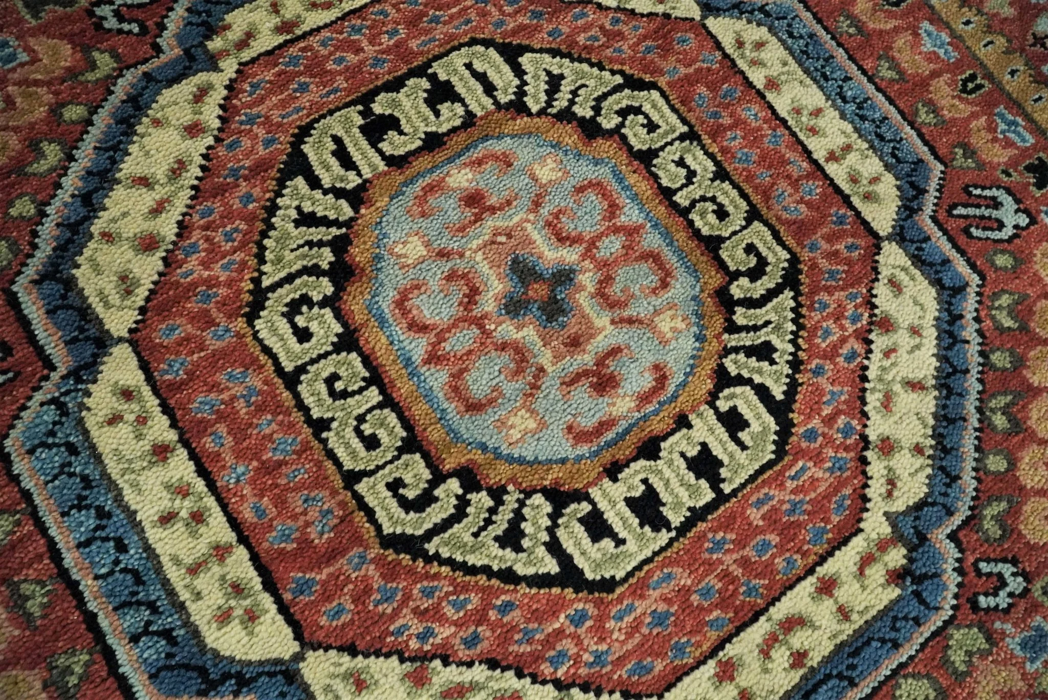 Fine Wool Hand Knotted Kazak Medallion Red and Black Traditional Rug - Image 4